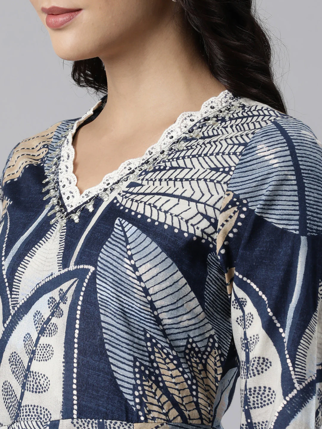 Neerus Blue Panelled Straight Printed Kurta And Trousers With Dupatta - Image 5
