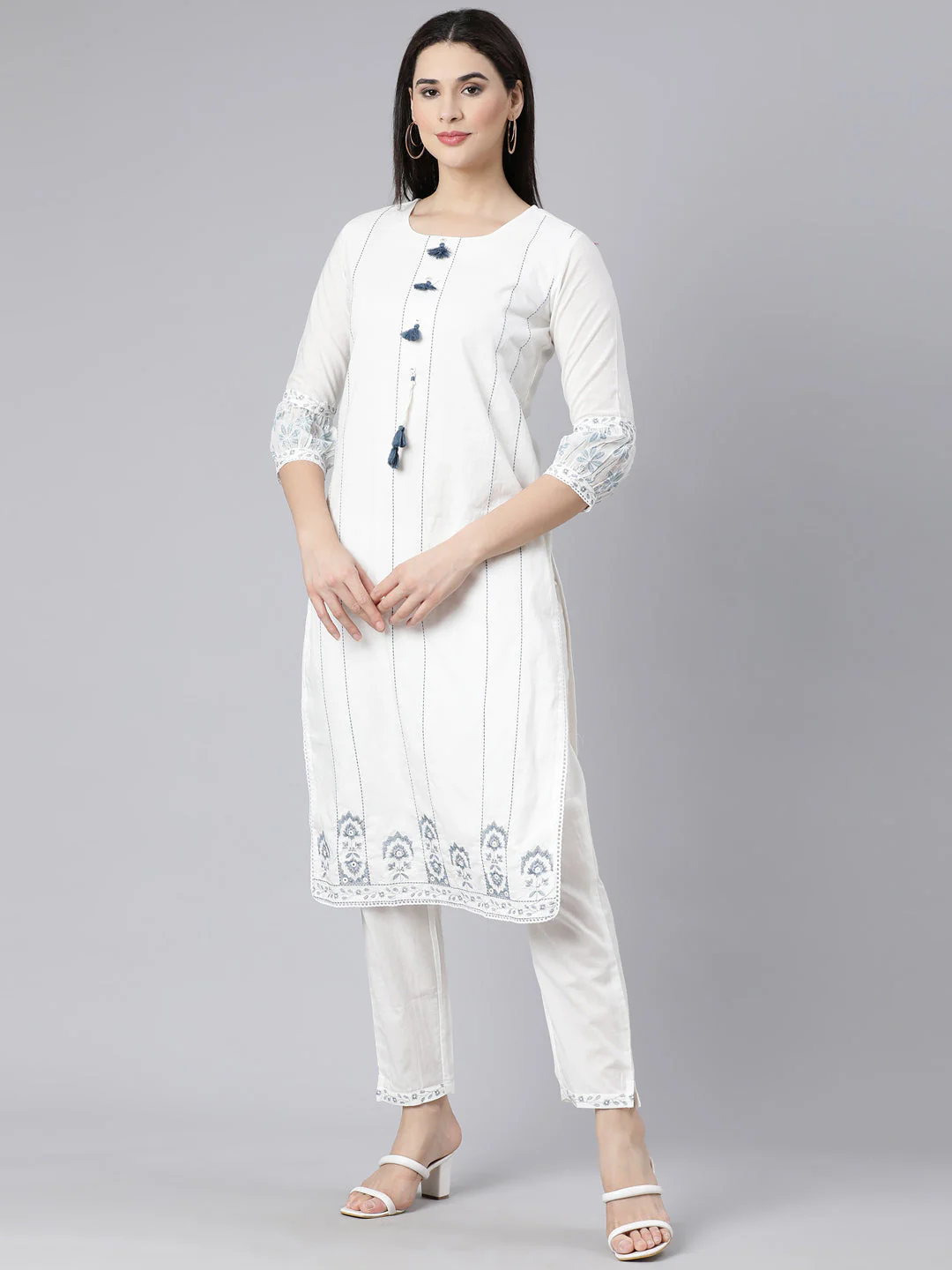 Neerus Blue Panelled Straight Printed Kurta And Trousers With Dupatta - Image 2