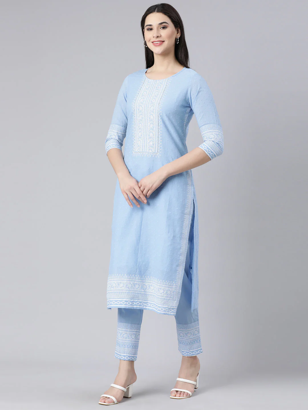 Neerus Blue Panelled Straight Printed Kurta And Trousers With Dupatta - Image 2