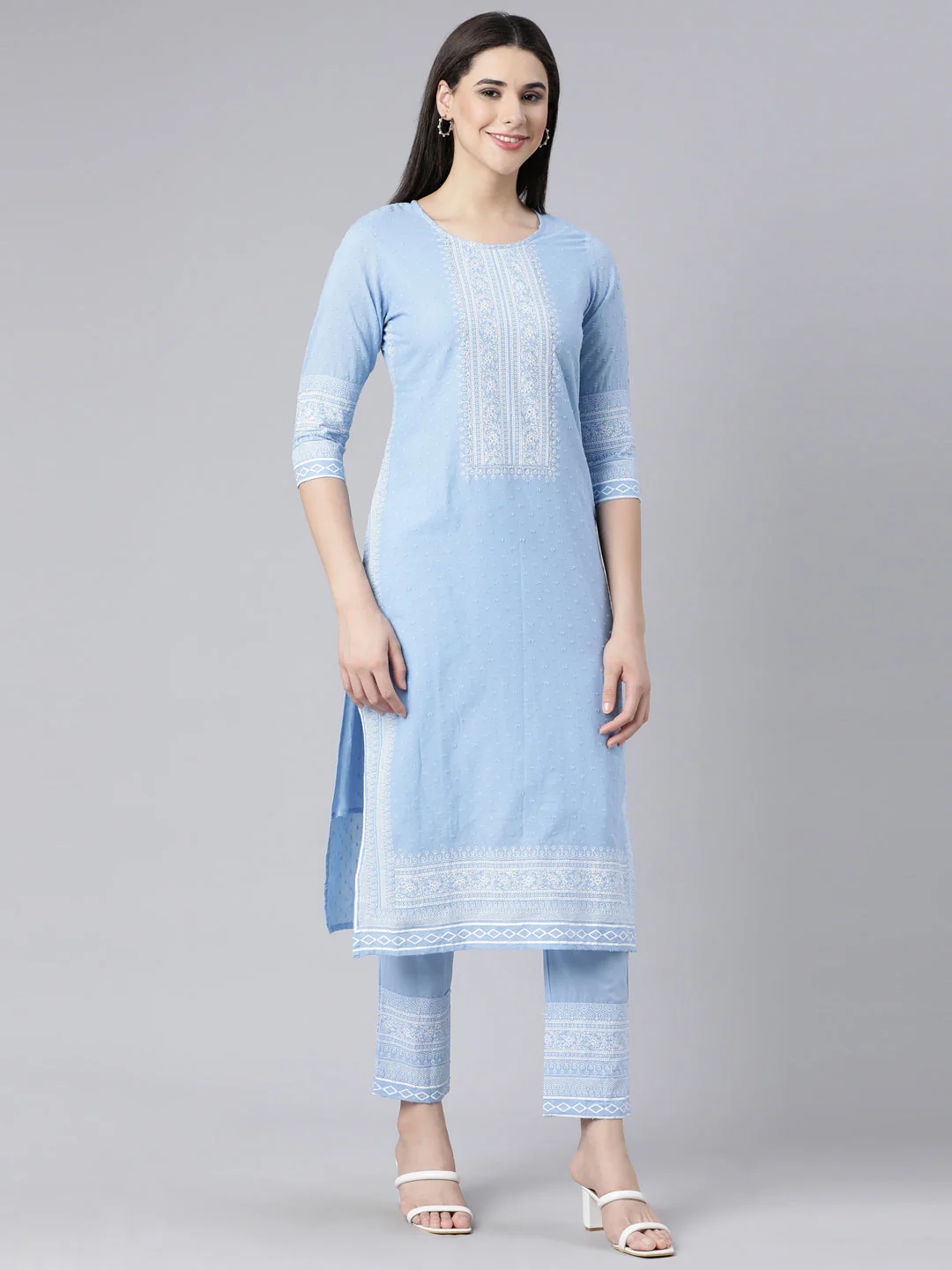 Neerus Blue Panelled Straight Printed Kurta And Trousers With Dupatta - Image 3