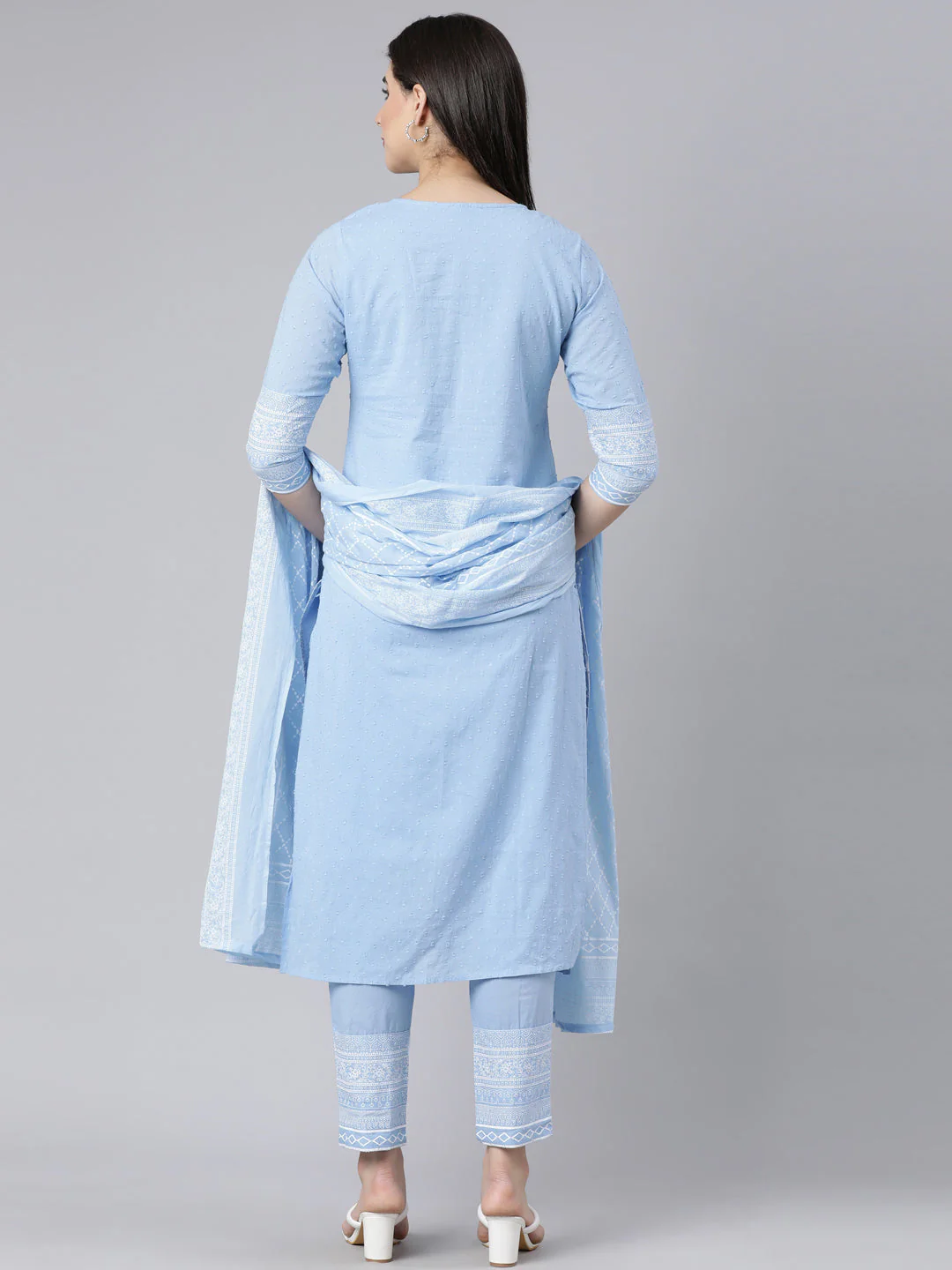 Neerus Blue Panelled Straight Printed Kurta And Trousers With Dupatta - Image 4