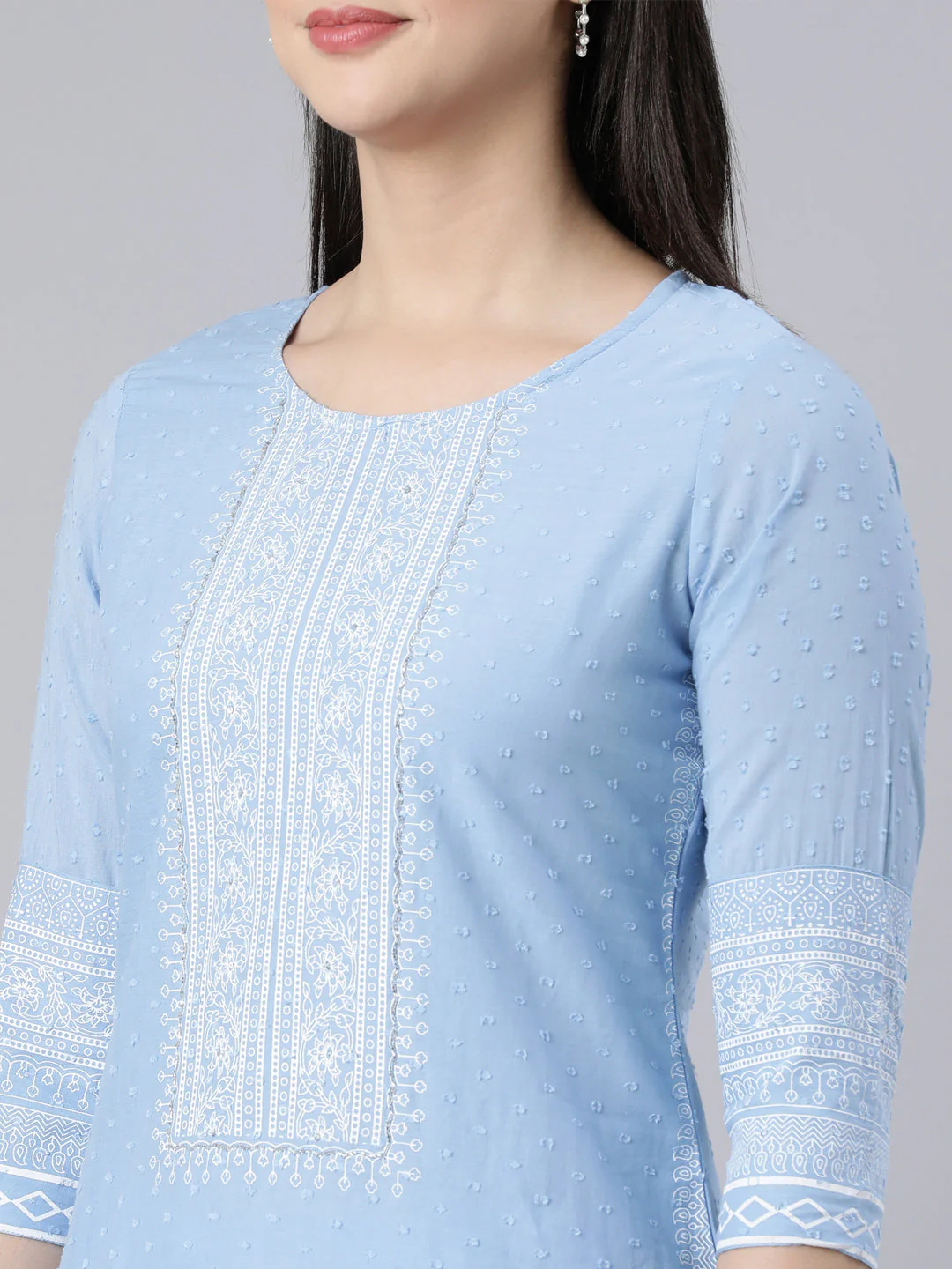 Neerus Blue Panelled Straight Printed Kurta And Trousers With Dupatta - Image 5