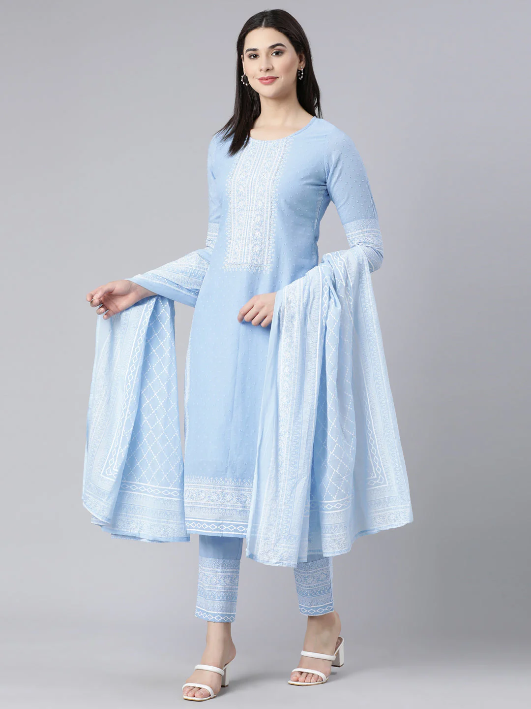 Neerus Blue Panelled Straight Printed Kurta And Trousers With Dupatta - Image 6