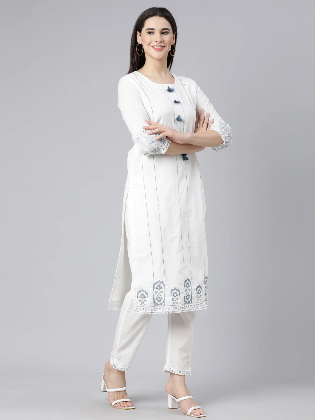 Neerus Blue Panelled Straight Printed Kurta And Trousers With Dupatta - Image 3