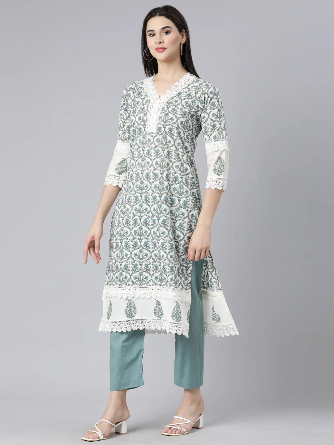 Neerus Blue Panelled Straight Printed Kurta And Trousers With Dupatta - Image 2