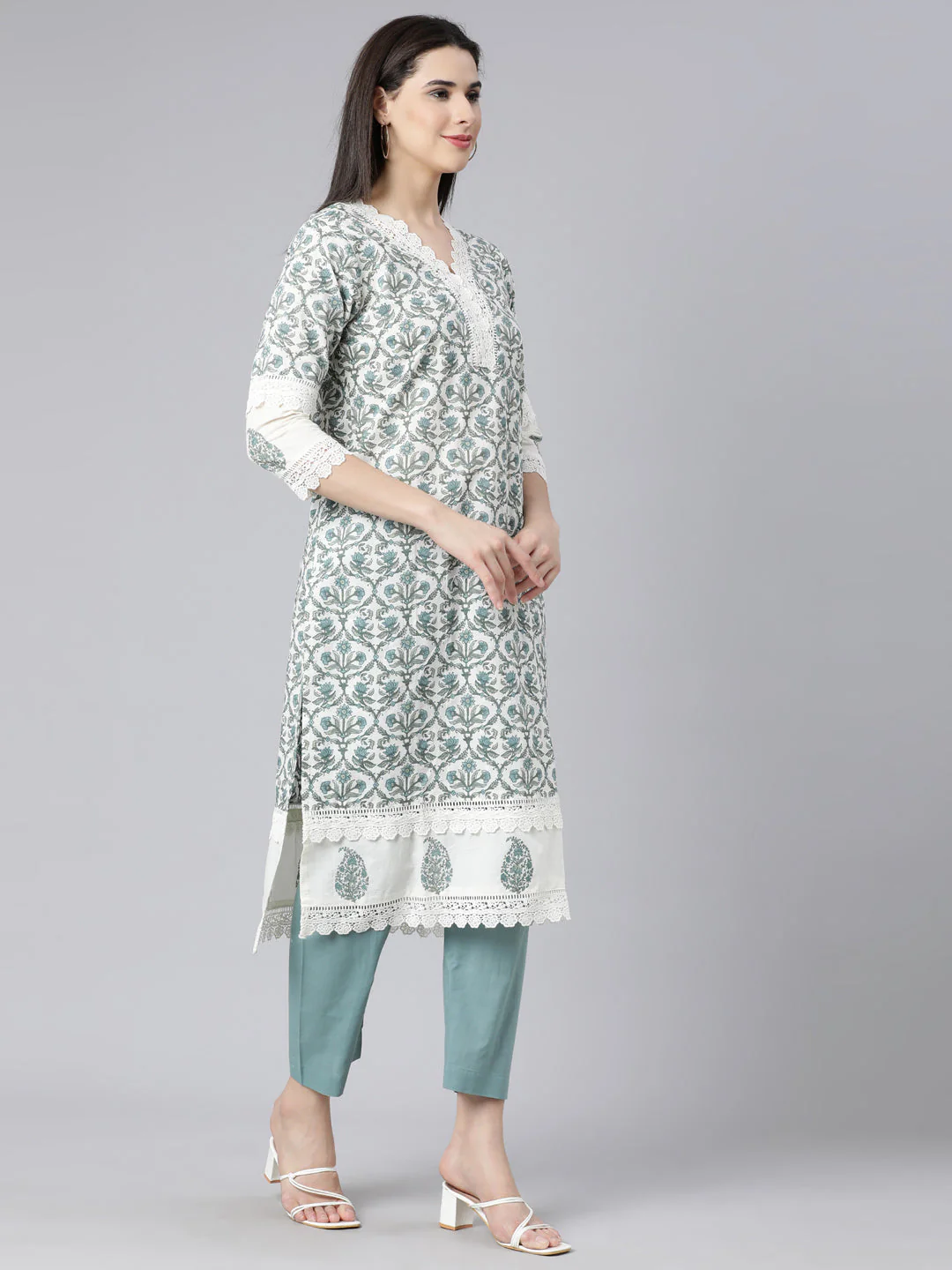 Neerus Blue Panelled Straight Printed Kurta And Trousers With Dupatta - Image 3