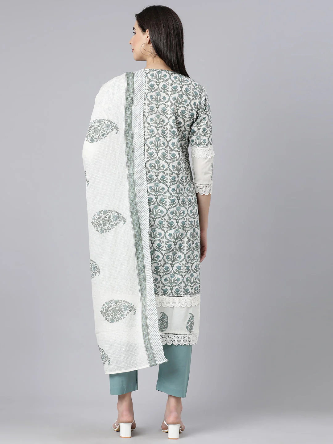 Neerus Blue Panelled Straight Printed Kurta And Trousers With Dupatta - Image 4