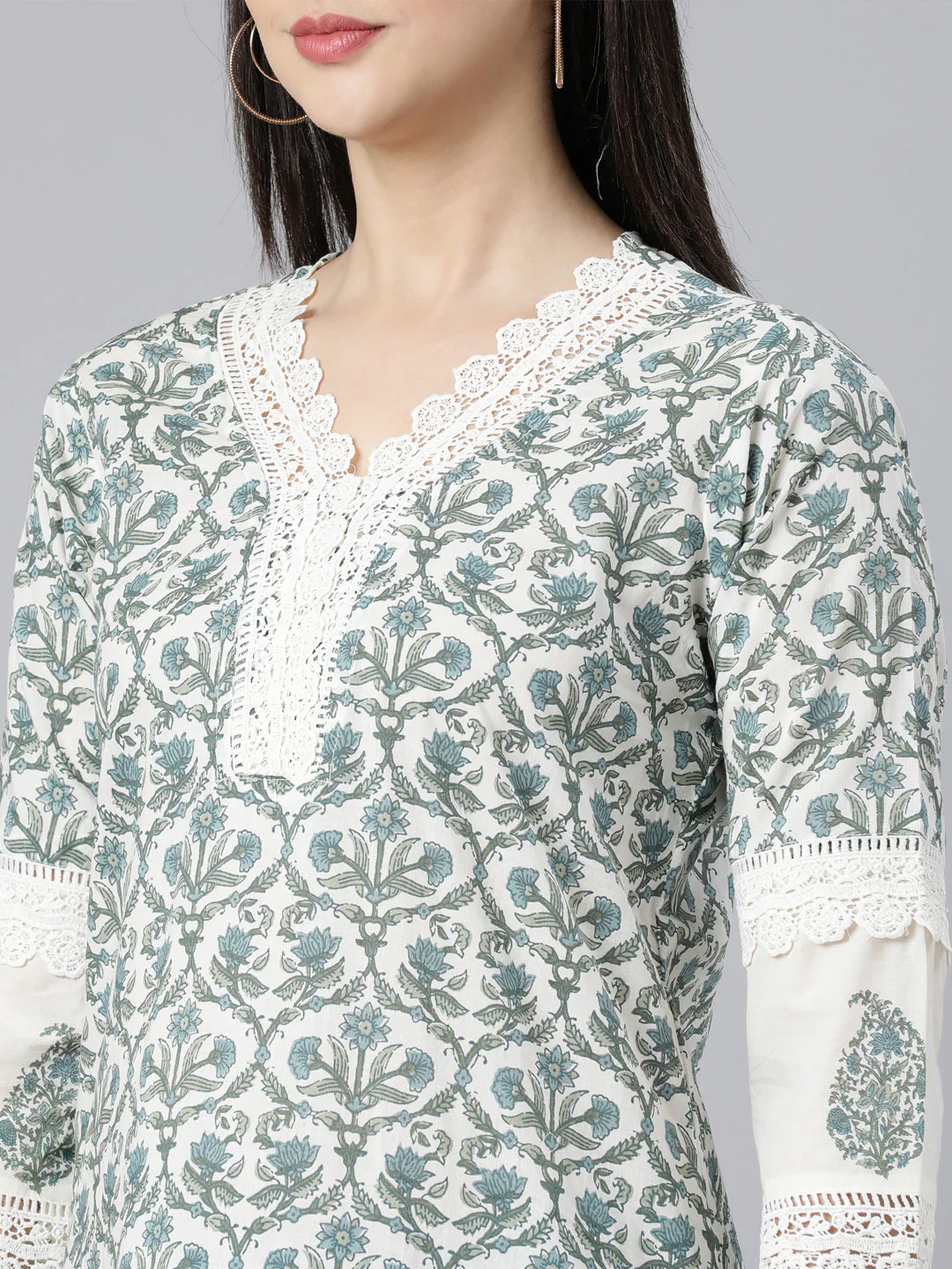 Neerus Blue Panelled Straight Printed Kurta And Trousers With Dupatta - Image 5