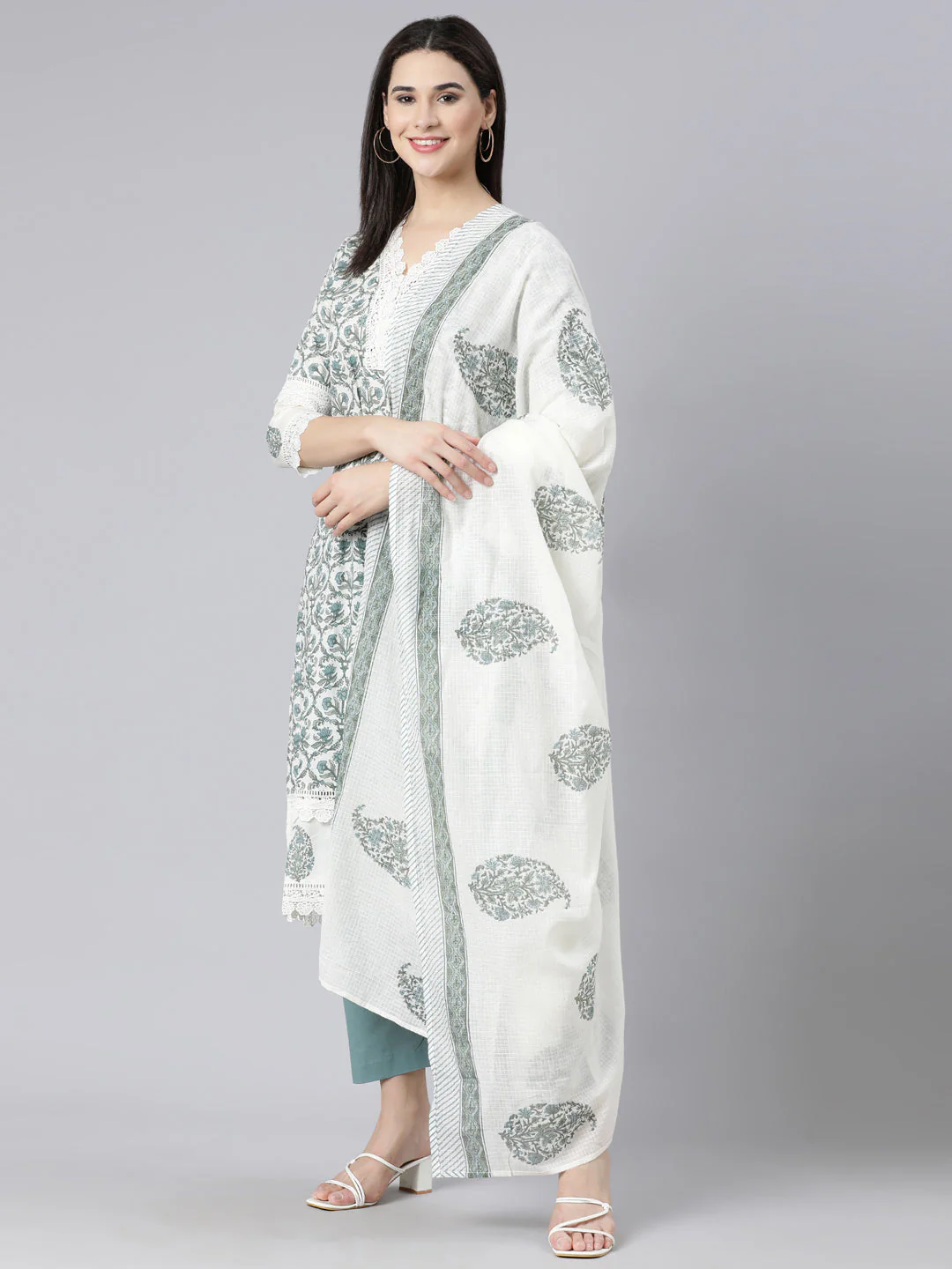 Neerus Blue Panelled Straight Printed Kurta And Trousers With Dupatta - Image 6