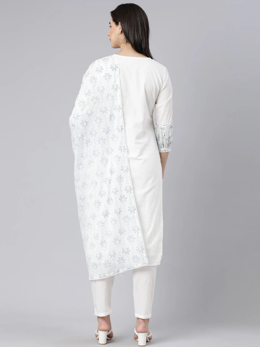 Neerus Blue Panelled Straight Printed Kurta And Trousers With Dupatta - Image 4