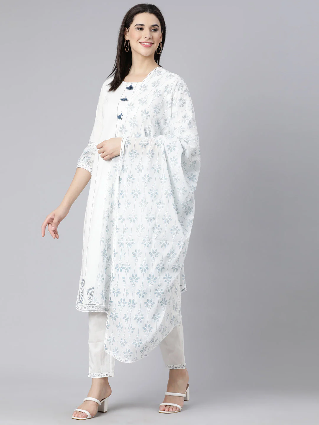 Neerus Blue Panelled Straight Printed Kurta And Trousers With Dupatta - Image 6