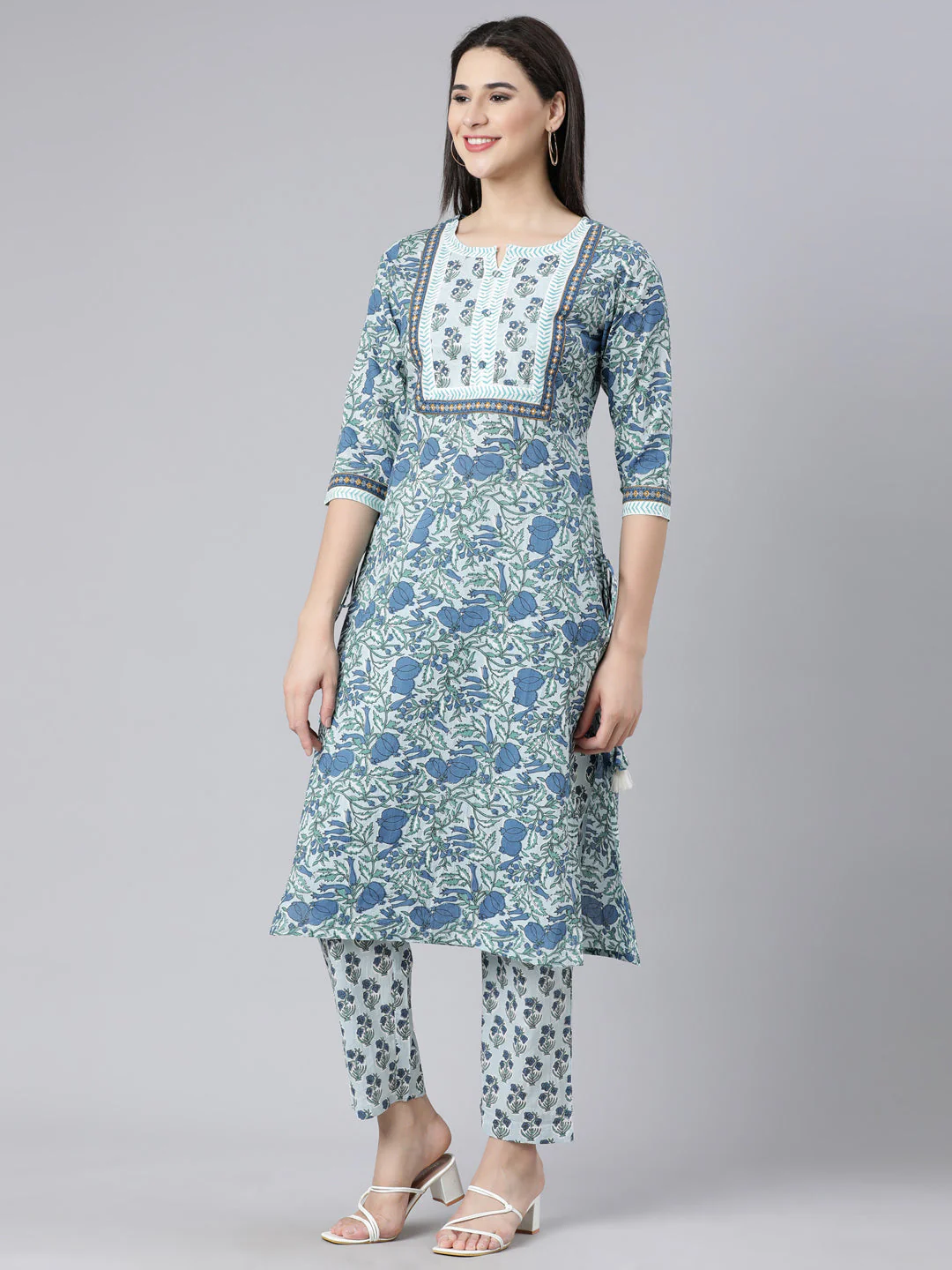 Neerus Blue Panelled Straight Printed Kurta And Trousers With Dupatta - Image 2