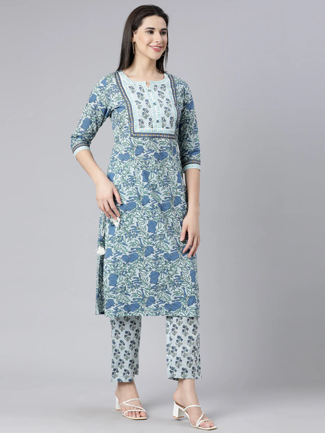 Neerus Blue Panelled Straight Printed Kurta And Trousers With Dupatta - Image 3