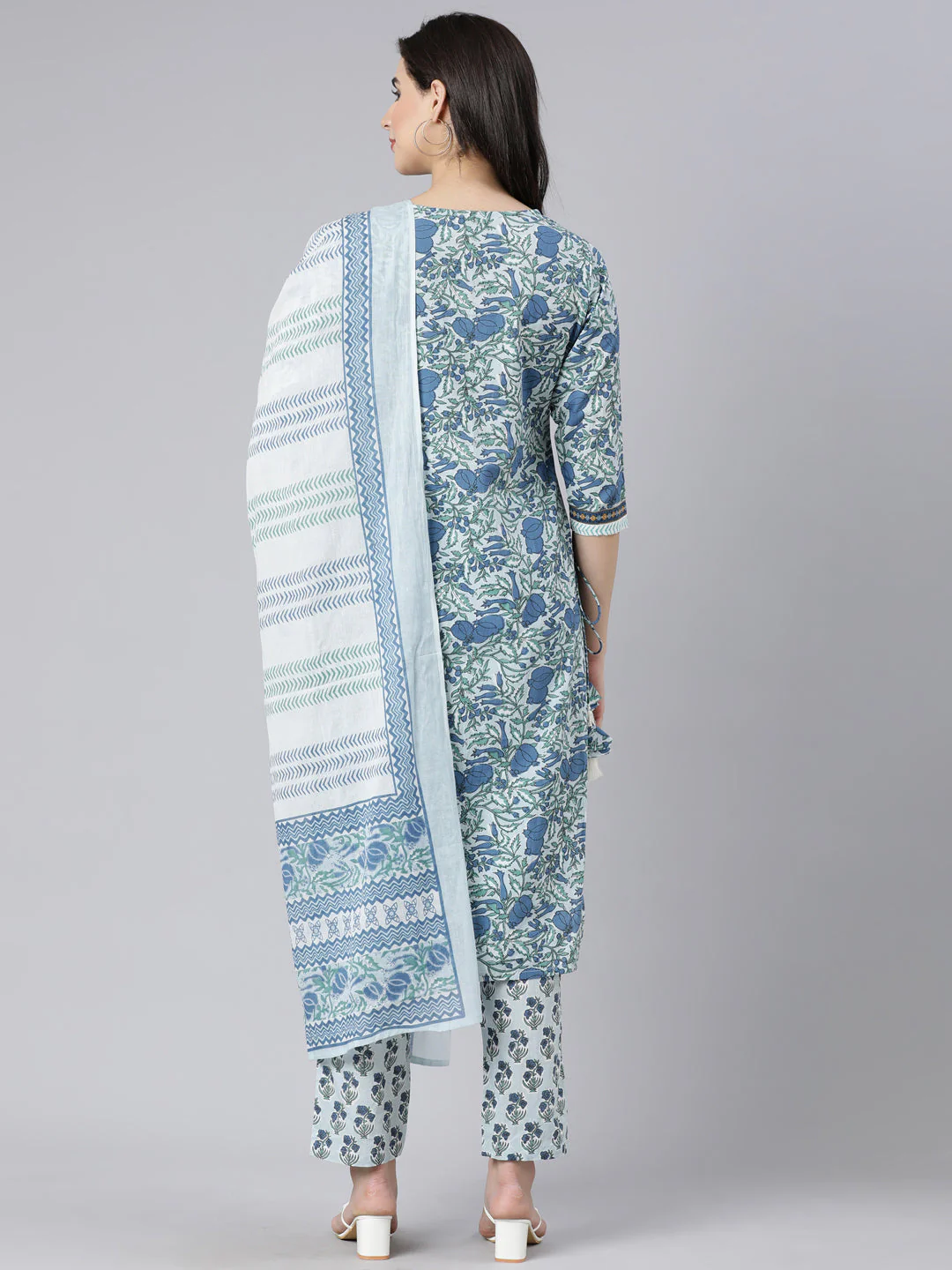 Neerus Blue Panelled Straight Printed Kurta And Trousers With Dupatta - Image 4