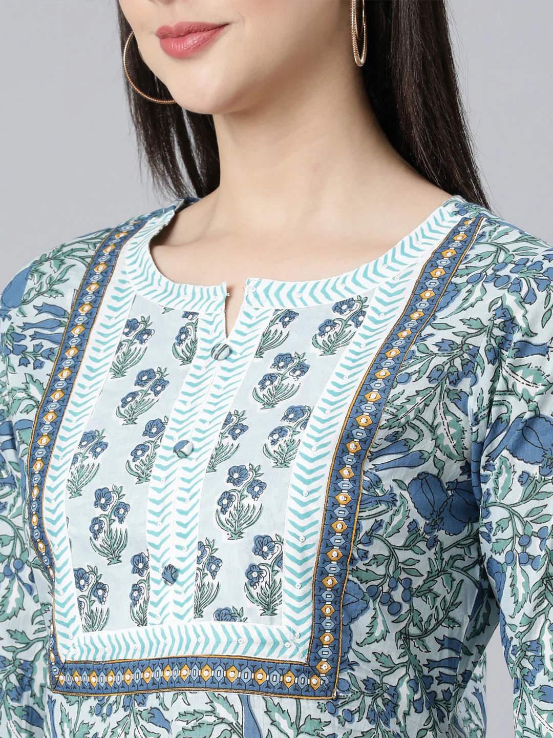 Neerus Blue Panelled Straight Printed Kurta And Trousers With Dupatta - Image 5