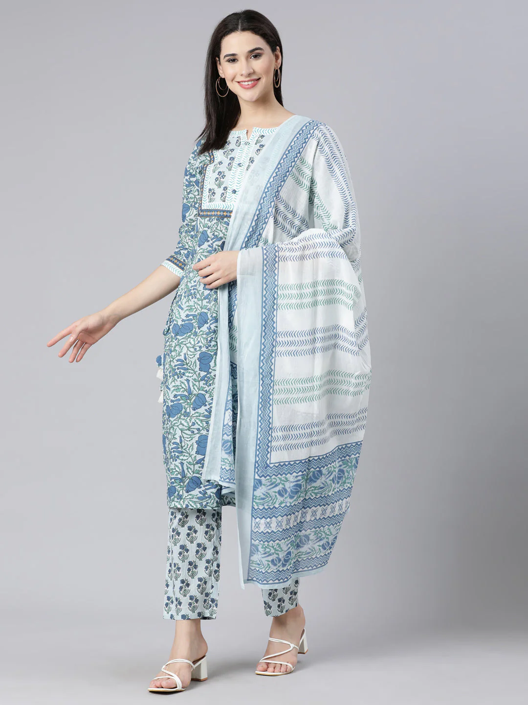 Neerus Blue Panelled Straight Printed Kurta And Trousers With Dupatta - Image 6