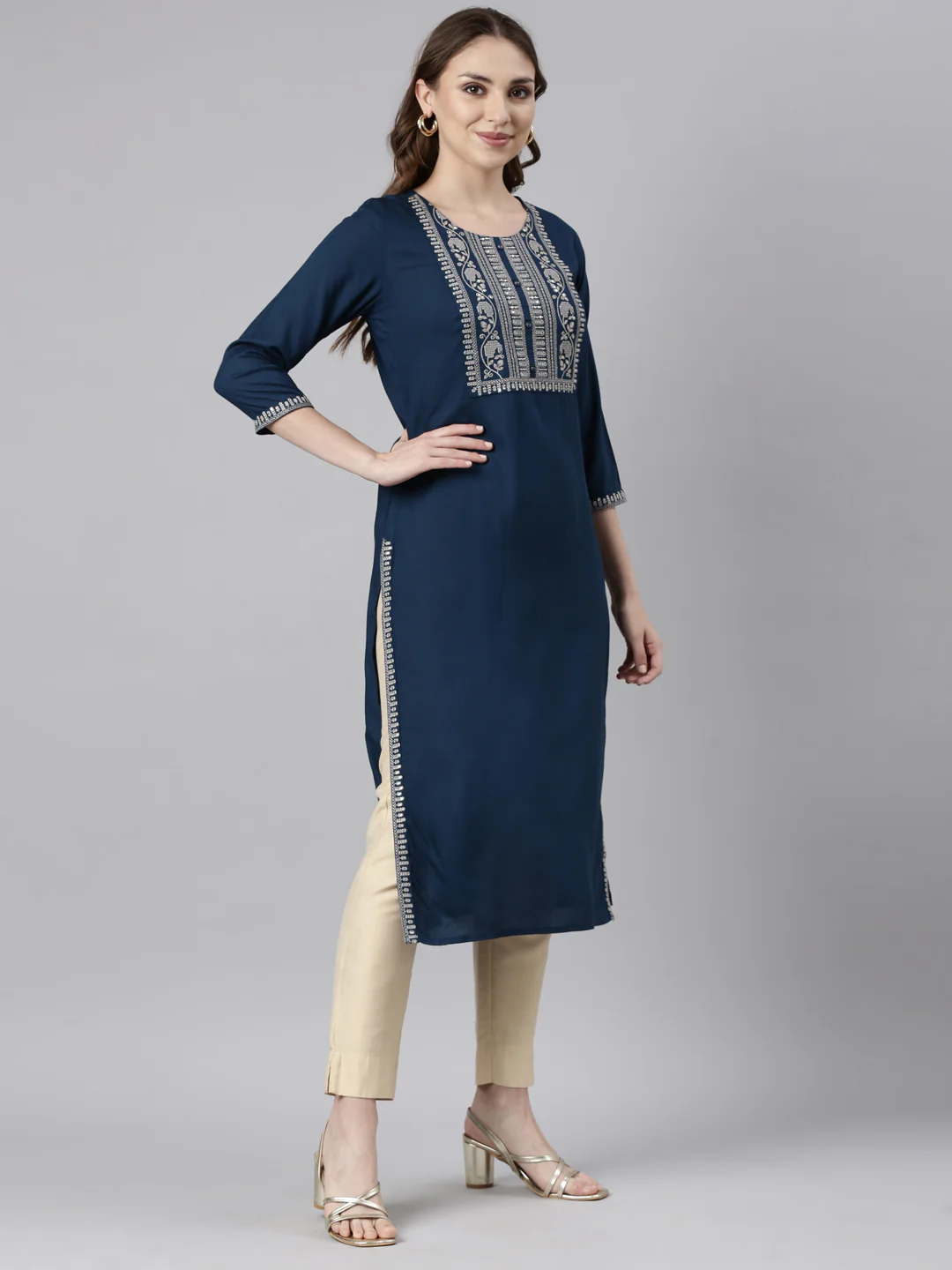 Neerus Blue Panelled Straight Solid Kurta - Image 2