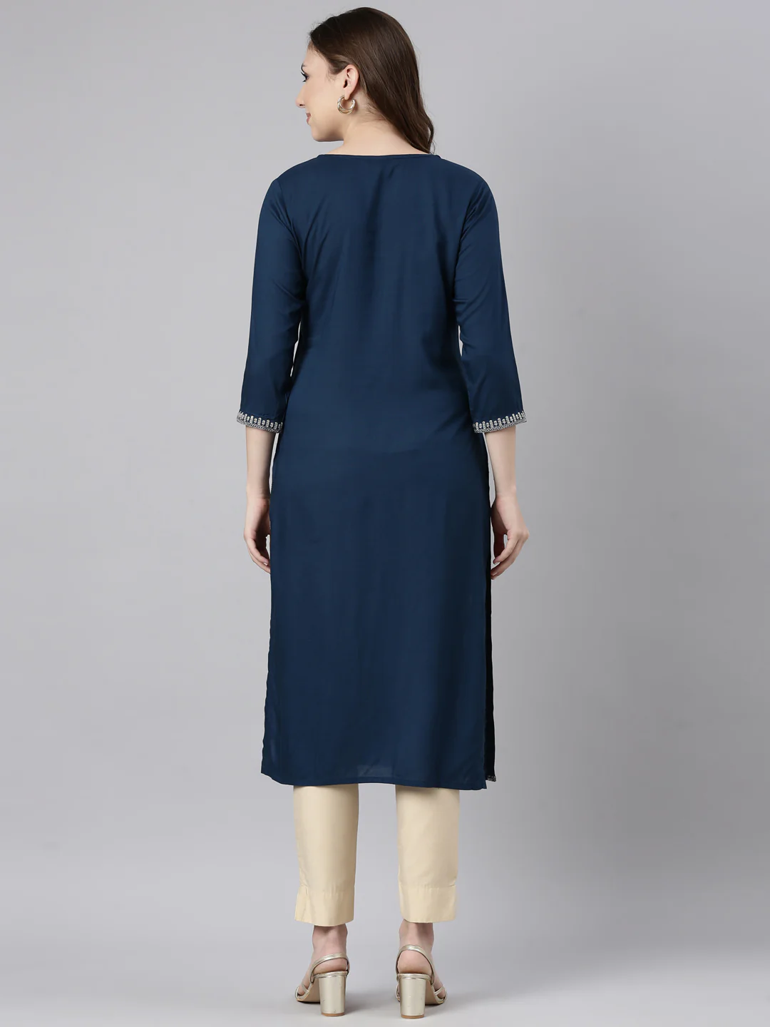 Neerus Blue Panelled Straight Solid Kurta - Image 3