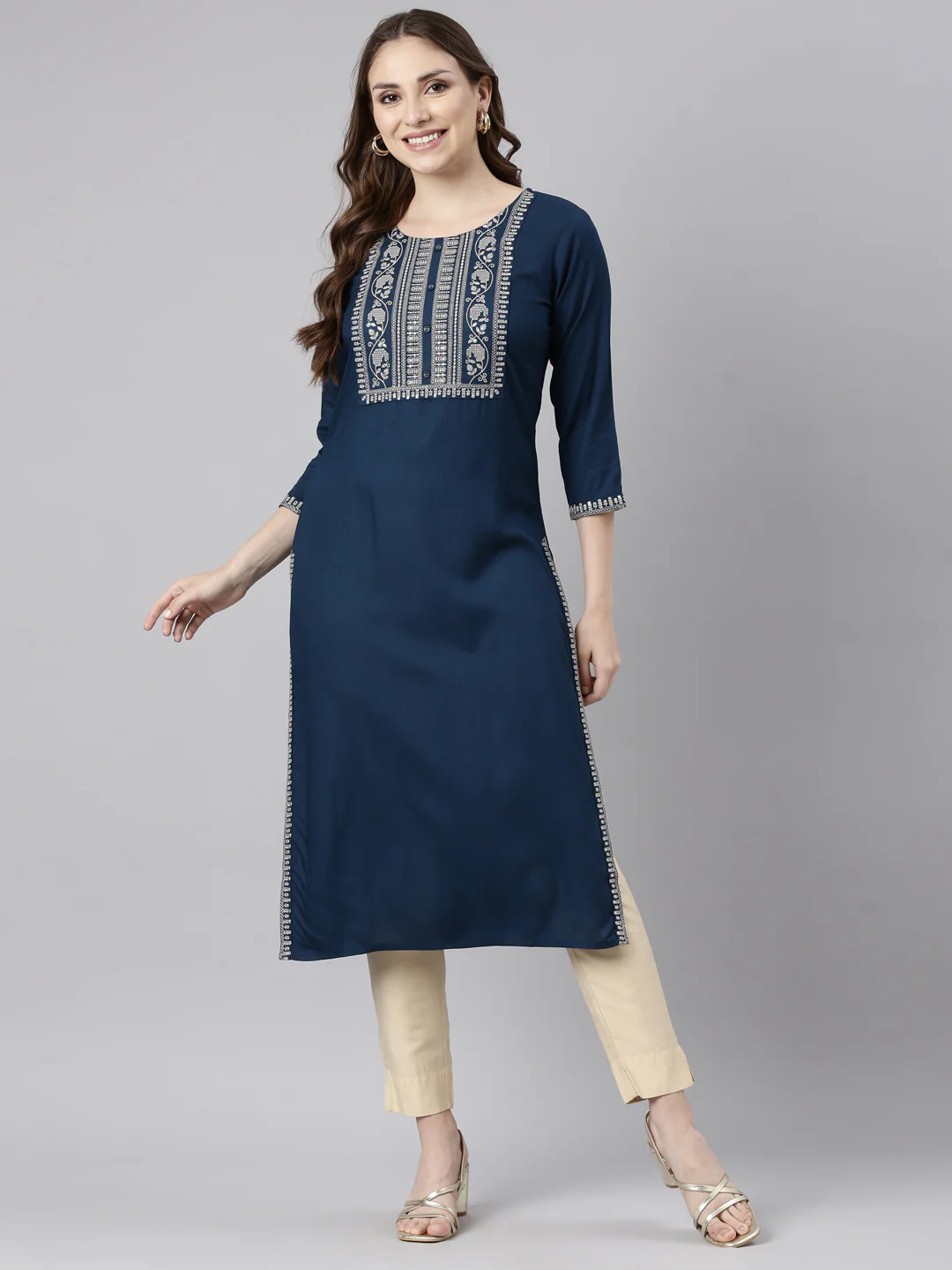 Neerus Blue Panelled Straight Solid Kurta - Image 4