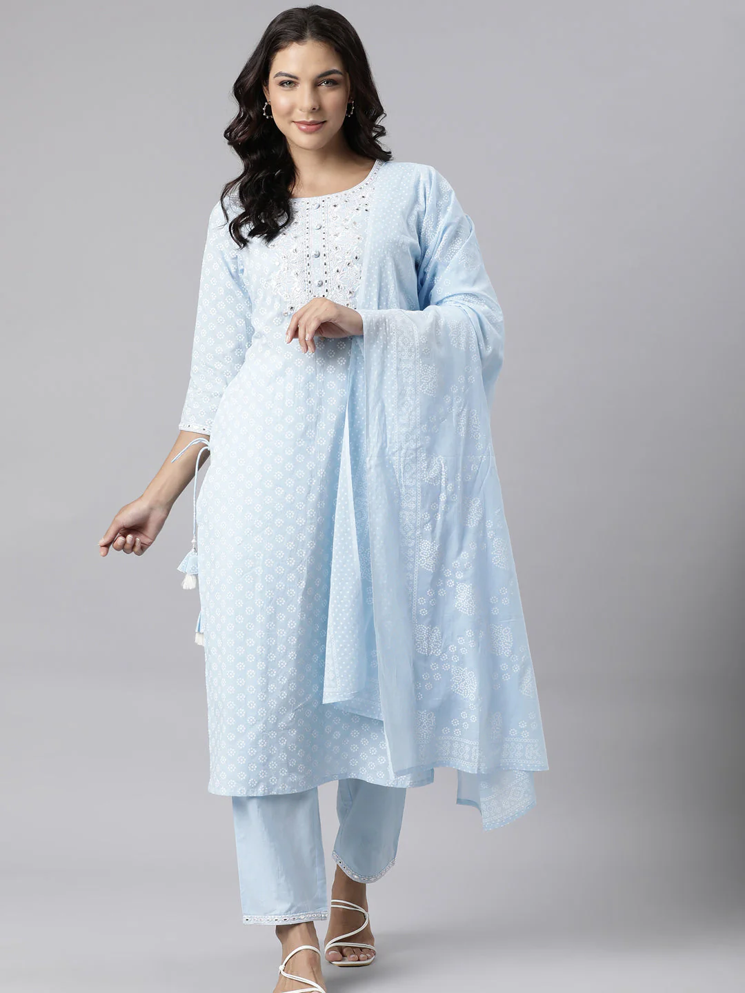 Neerus Blue Panelled Straight Yoke Design Kurta And Trousers With Dupatta - Image 6