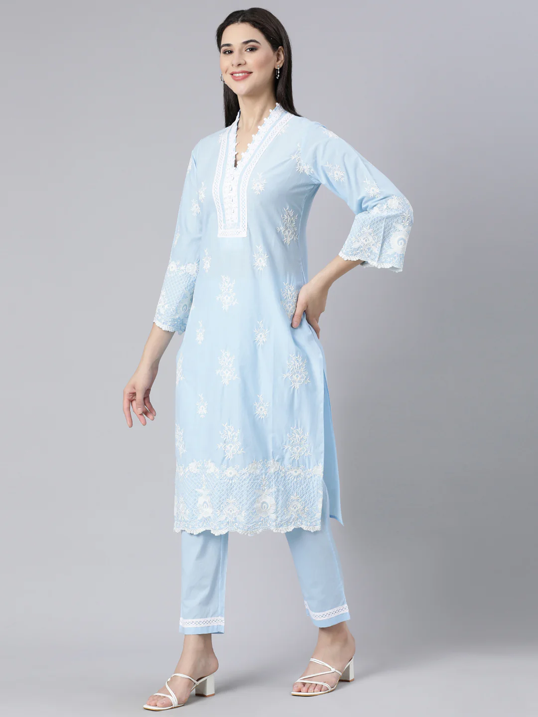 Neerus Blue Panelled Straight Yoke Design Kurta And Trousers With Dupatta - Image 2