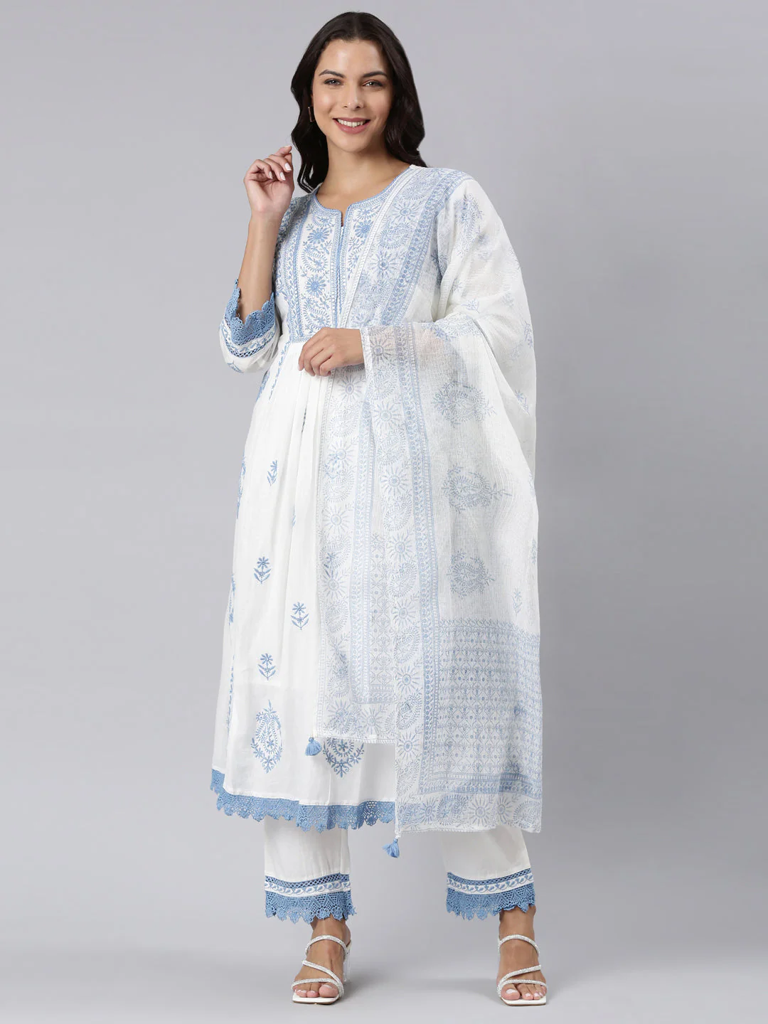 Neerus Blue Panelled Yoke Design Kurta And Trousers With Dupatta