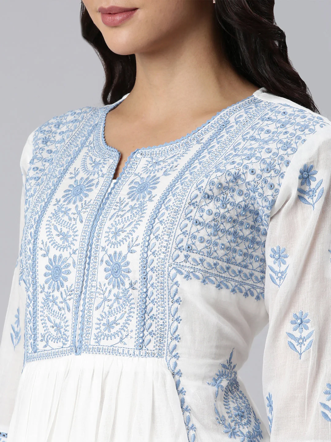 Neerus Blue Panelled Yoke Design Kurta And Trousers With Dupatta - Image 5