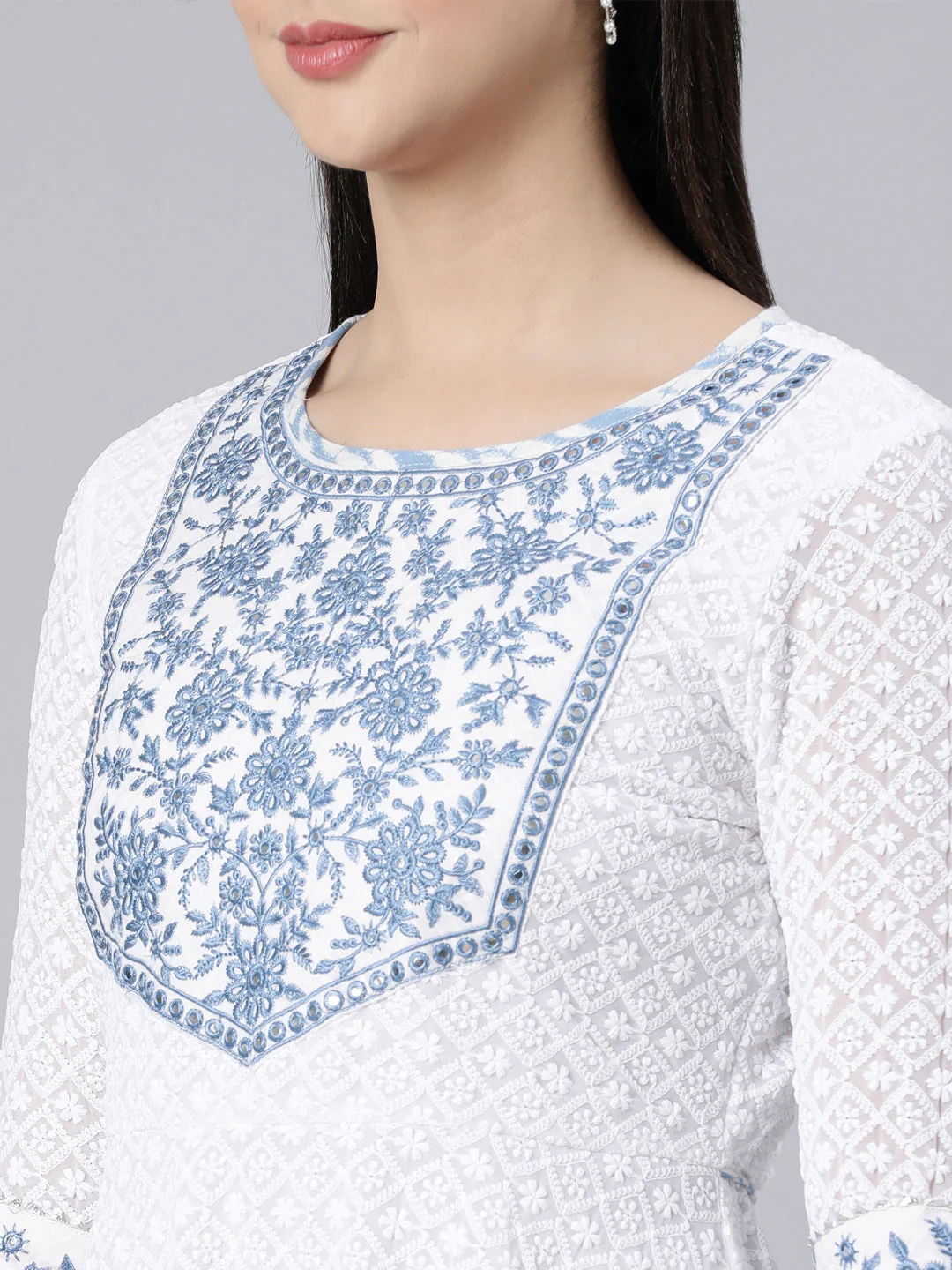 Neerus Blue Panelled Yoke Design Kurta And Trousers With Dupatta - Image 5