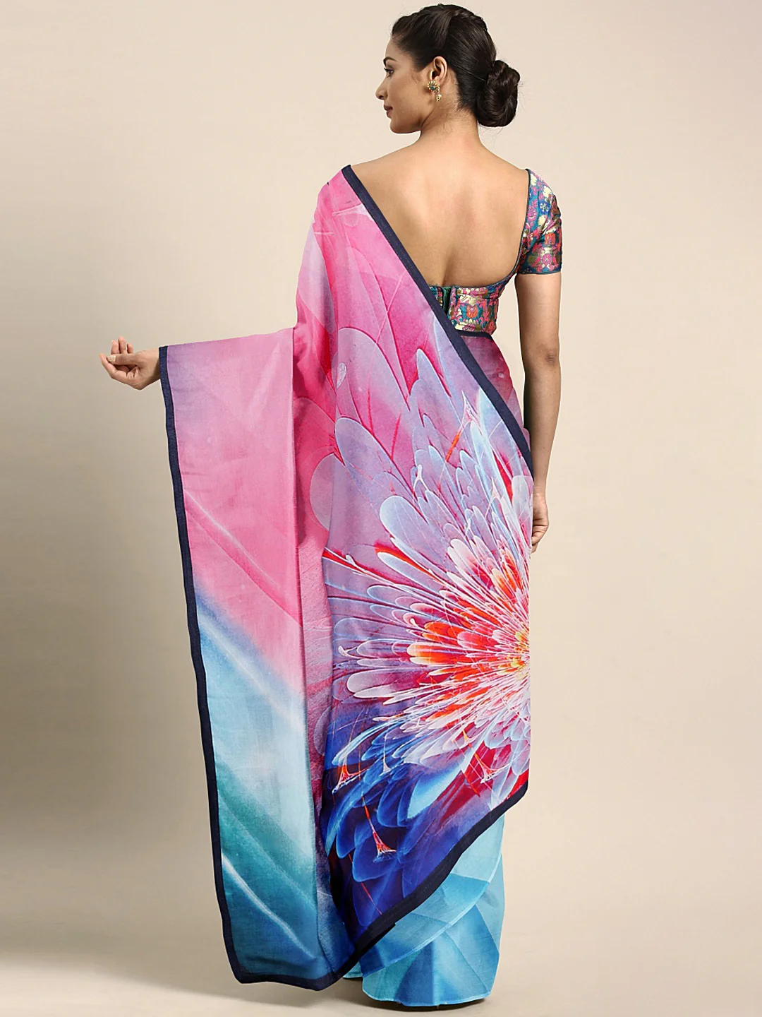 Neerus Blue & Pink Printed Saree With Blouse - Image 2