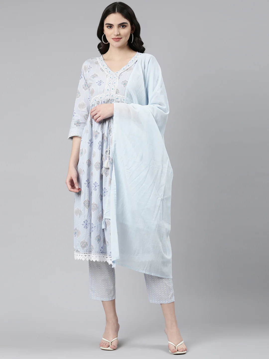 Neerus Blue Pleated Anarkali Printed Readymade Suits
