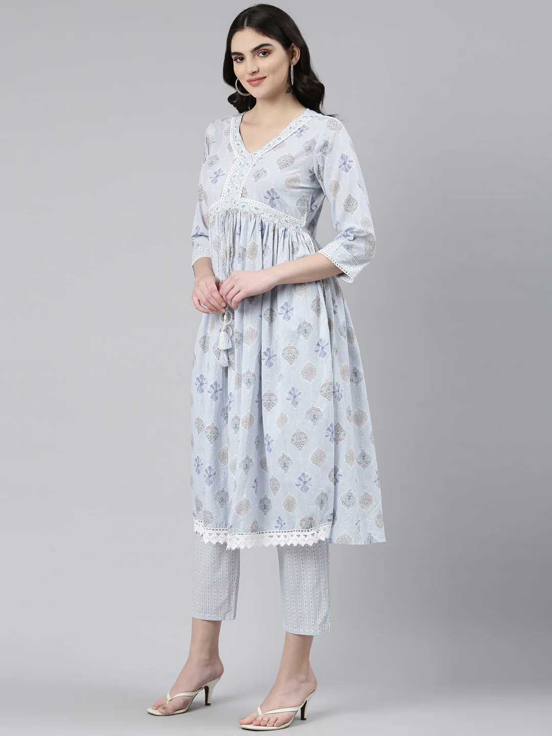 Neerus Blue Pleated Anarkali Printed Readymade Suits - Image 2
