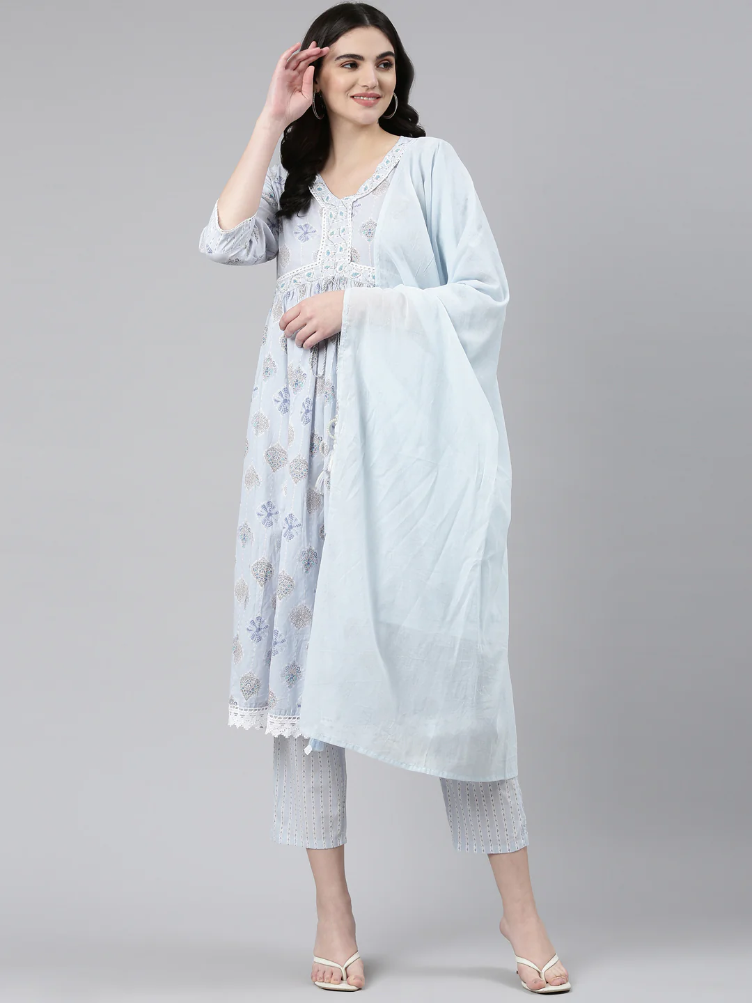 Neerus Blue Pleated Anarkali Printed Readymade Suits - Image 5
