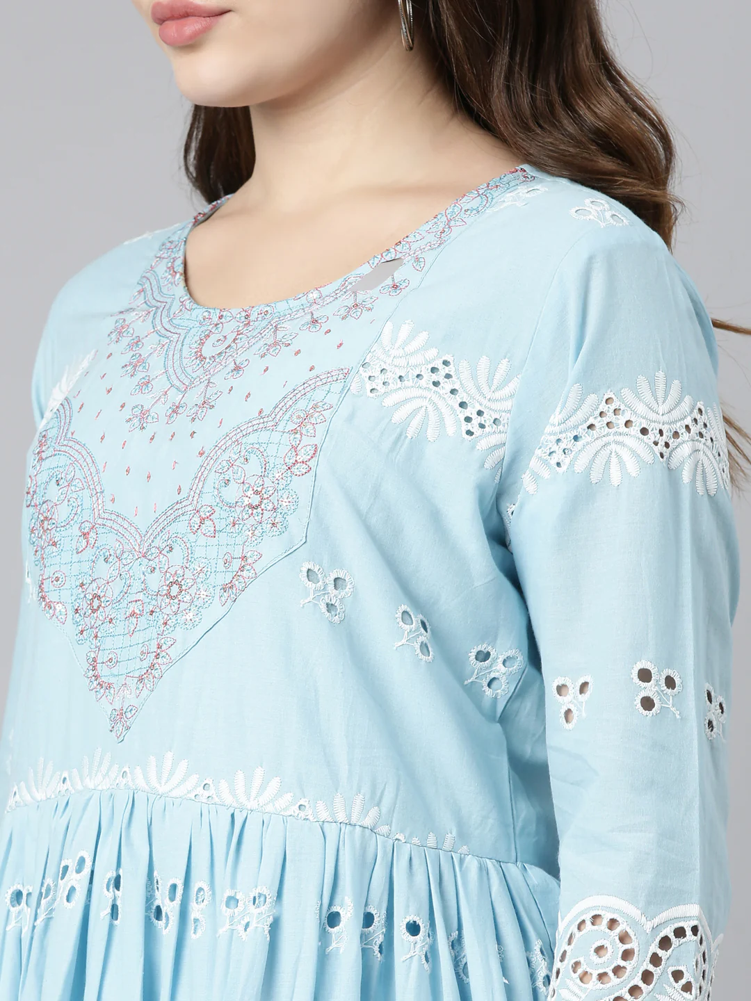 Neerus Blue Pleated Straight Embroidered Readymade Suits - Image 4