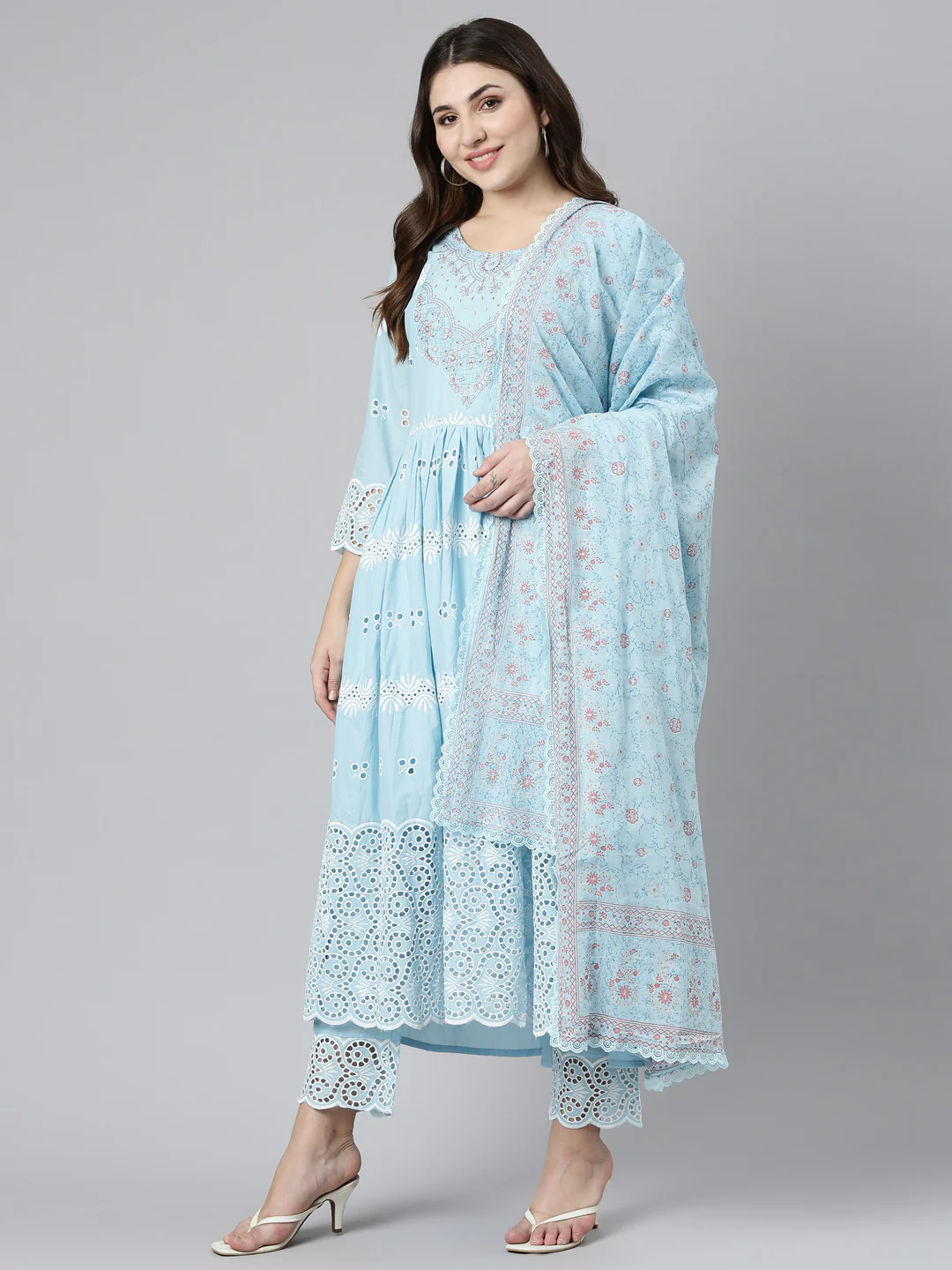 Neerus Blue Pleated Straight Embroidered Readymade Suits - Image 5