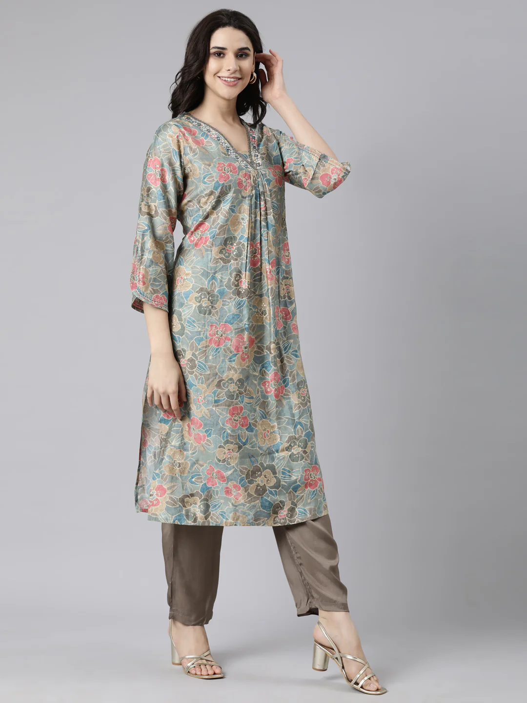 Neerus Blue Pleated Straight Floral Kurta And  Trousers With Dupatta - Image 2