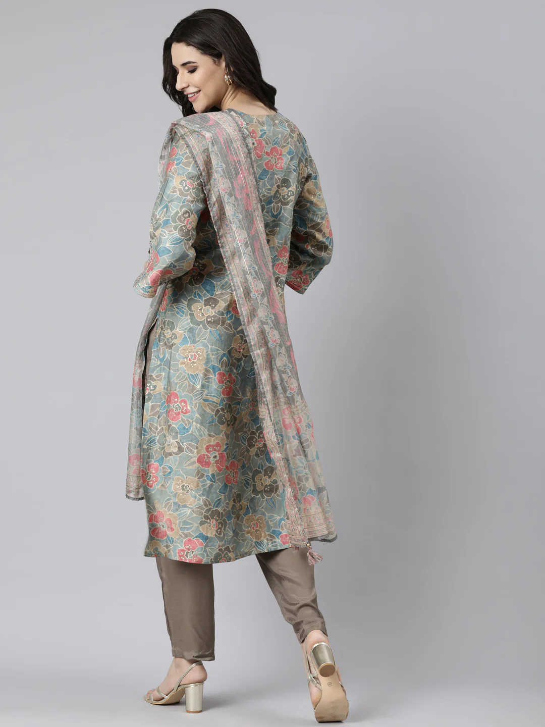 Neerus Blue Pleated Straight Floral Kurta And  Trousers With Dupatta - Image 3