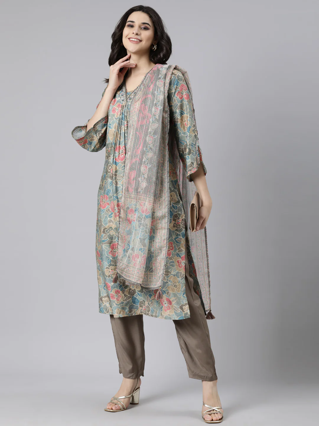 Neerus Blue Pleated Straight Floral Kurta And  Trousers With Dupatta - Image 5