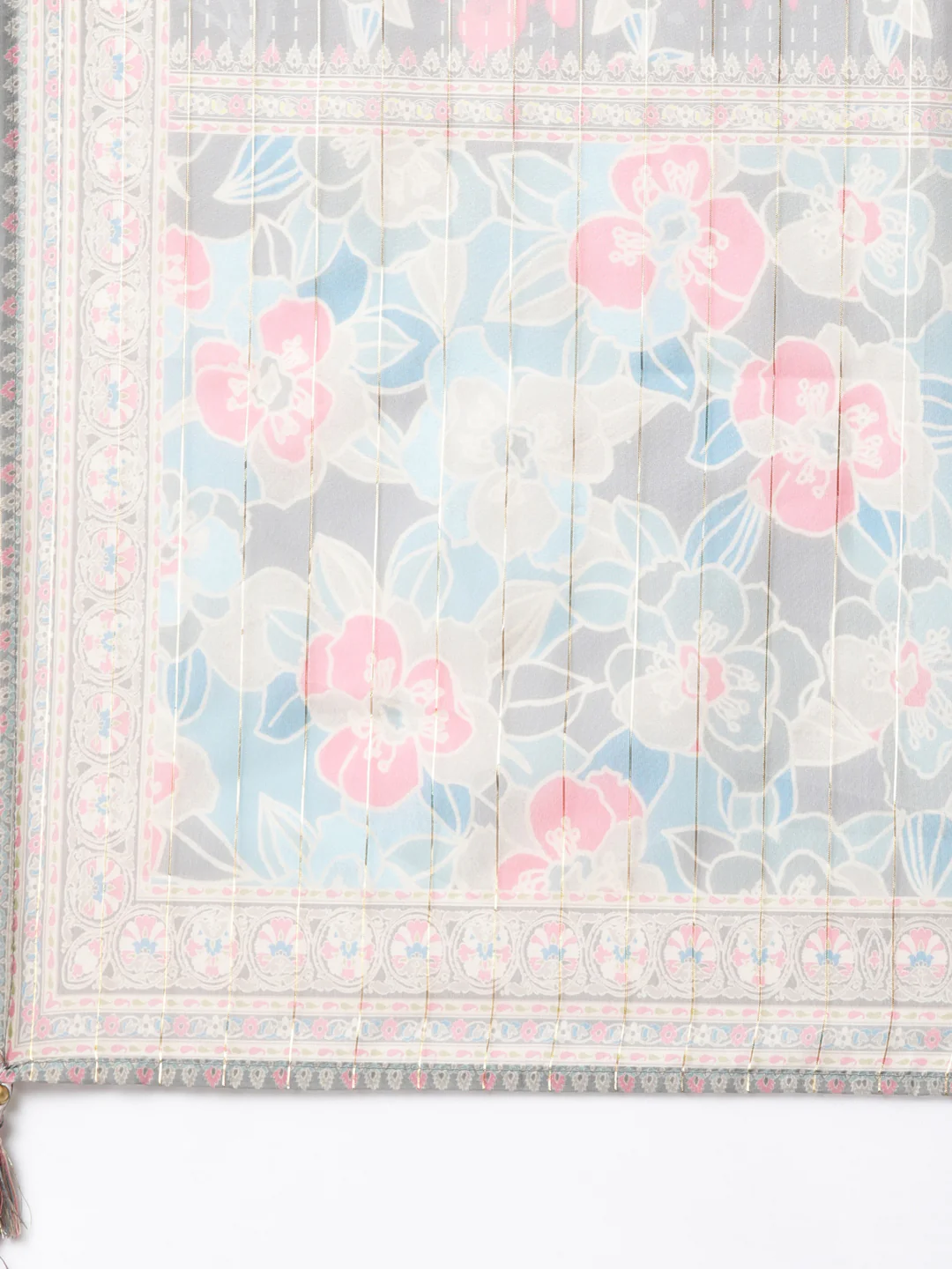 Neerus Blue Pleated Straight Floral Kurta And  Trousers With Dupatta - Image 7