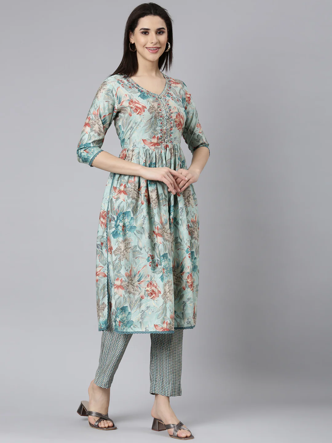 Neerus Blue Pleated Straight Floral Kurta And Trousers With Dupatta - Image 2