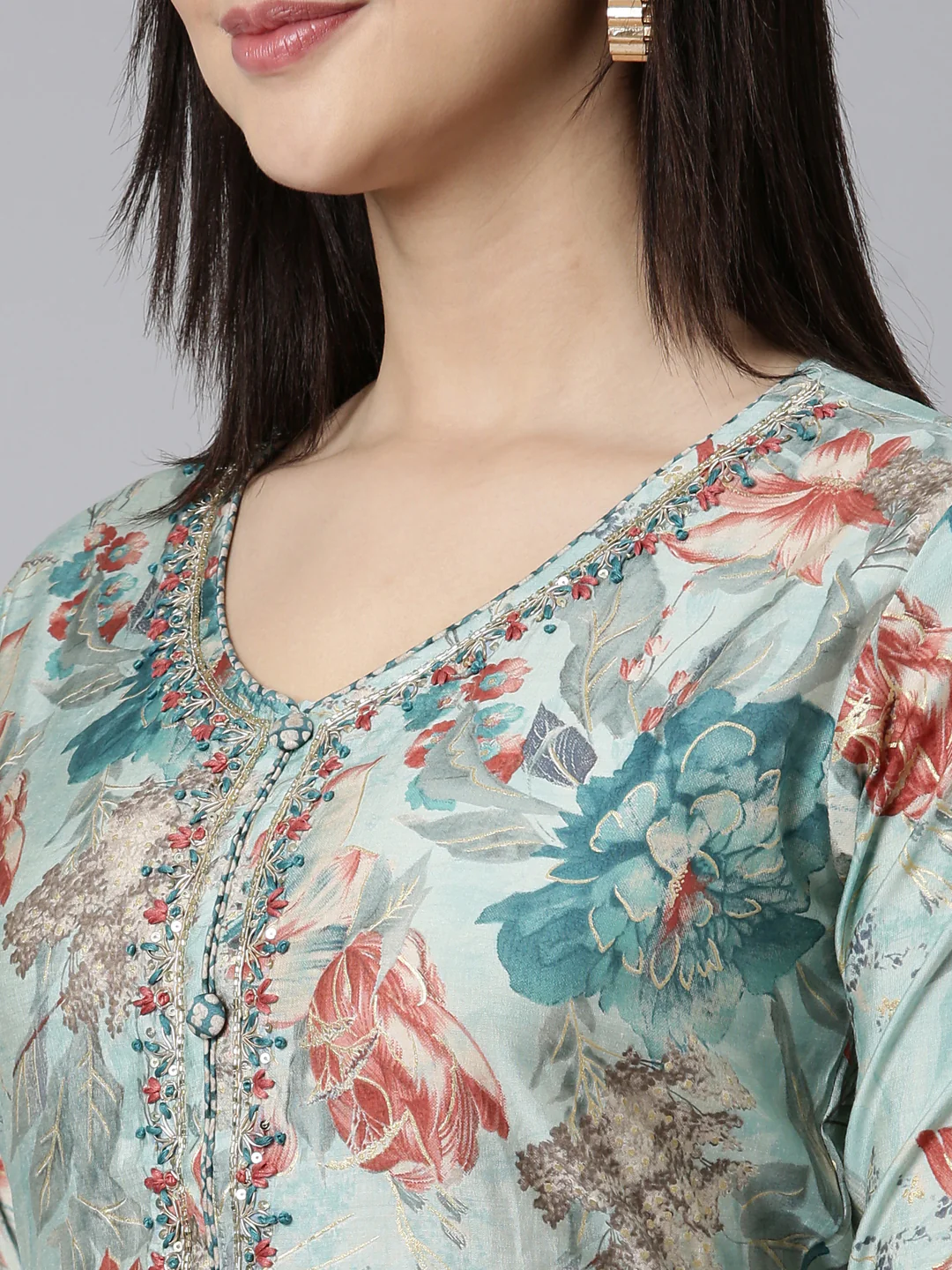 Neerus Blue Pleated Straight Floral Kurta And Trousers With Dupatta - Image 4