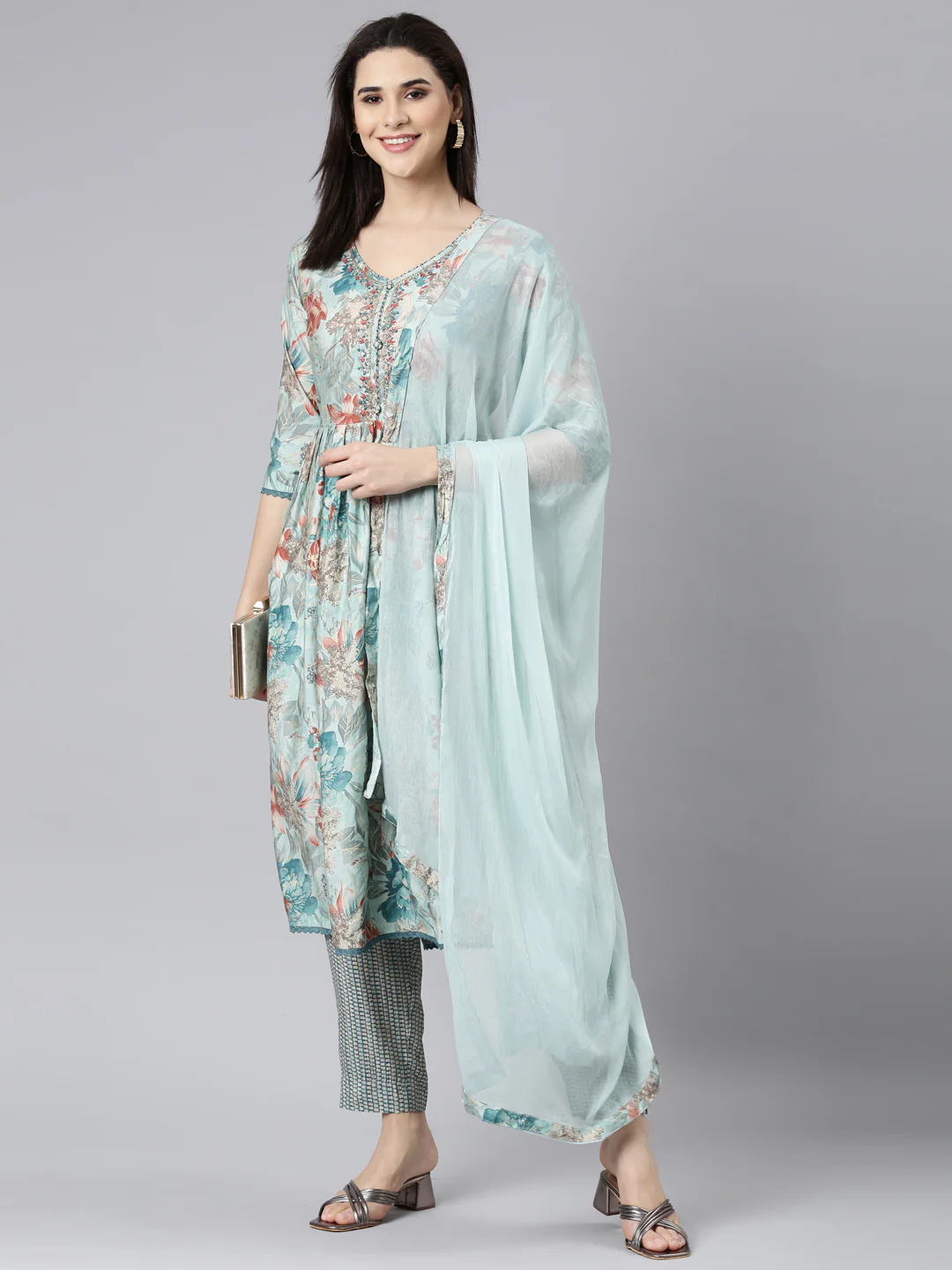 Neerus Blue Pleated Straight Floral Kurta And Trousers With Dupatta - Image 5