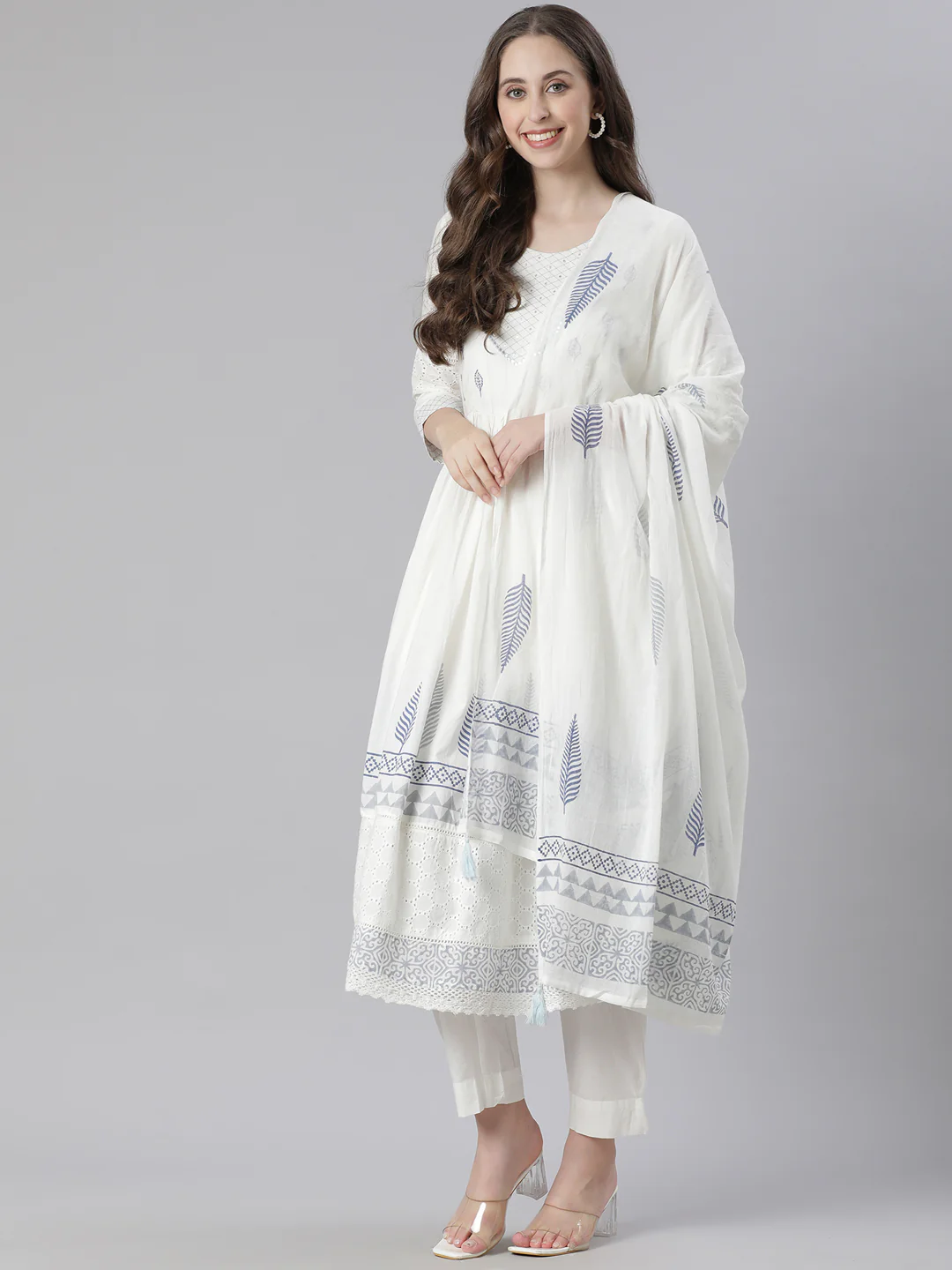 Neerus Blue Printed Anarkali Kurta and Trousers With Dupatta - Image 5