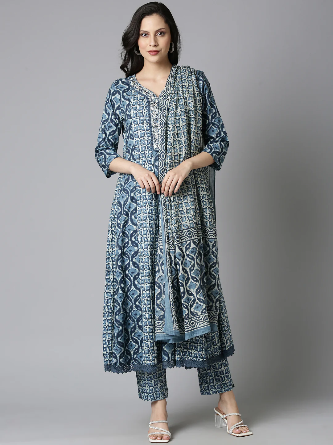Neerus Blue Printed Anarkali Kurta and Trousers With Dupatta