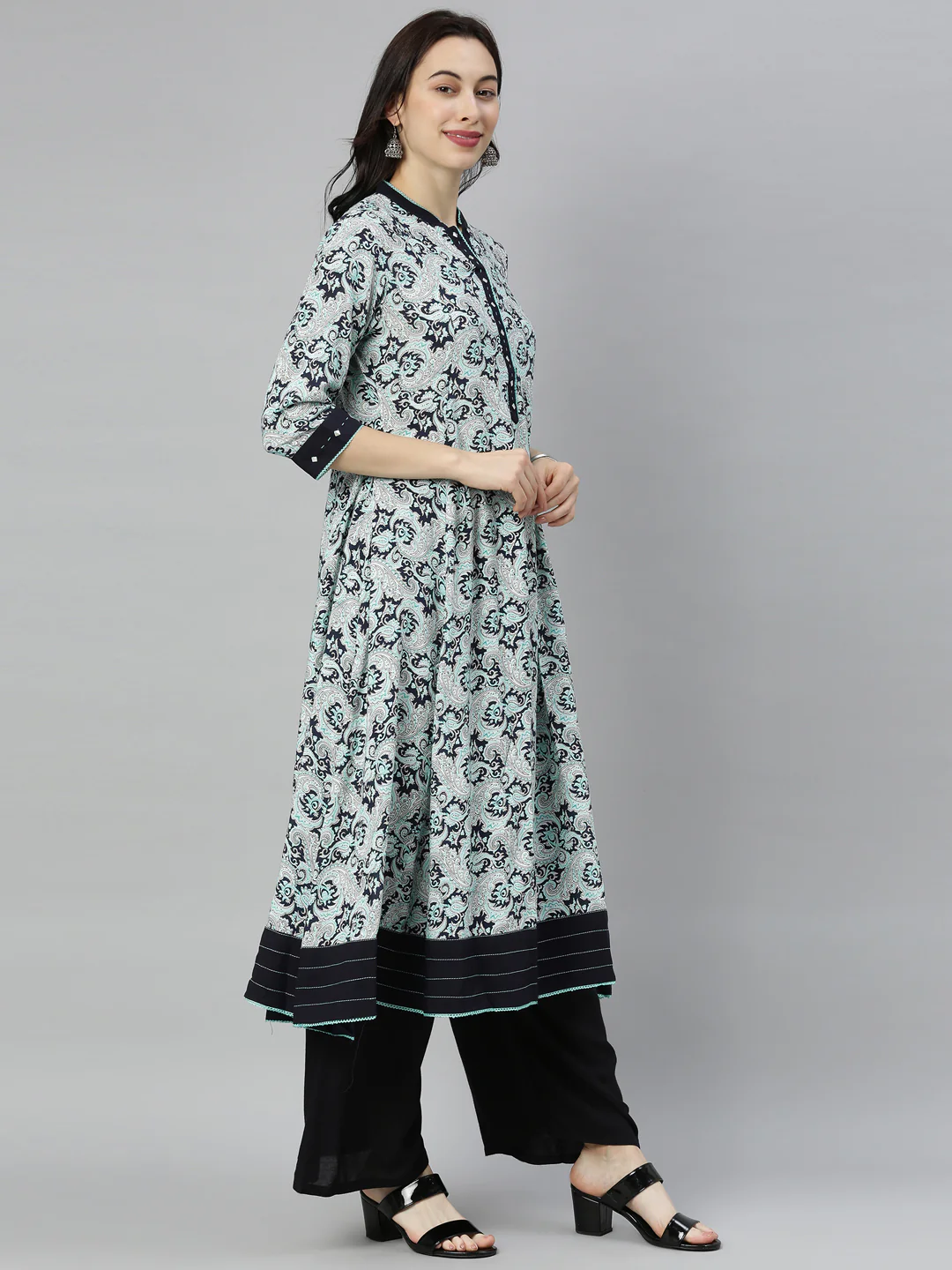 Neerus Blue Printed Flared Kurta - Image 6