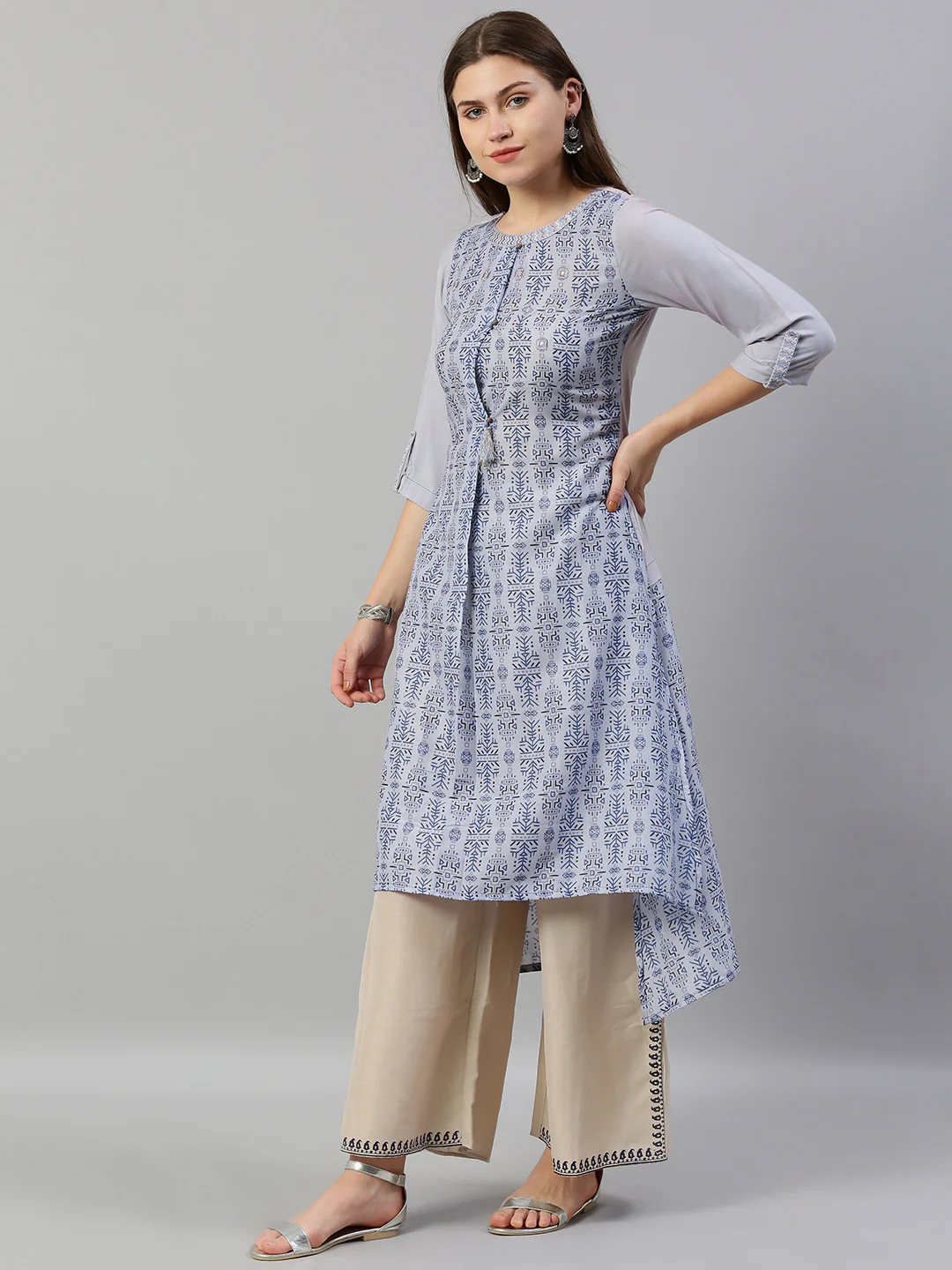 Neerus Blue Printed High Low Kurta - Image 3