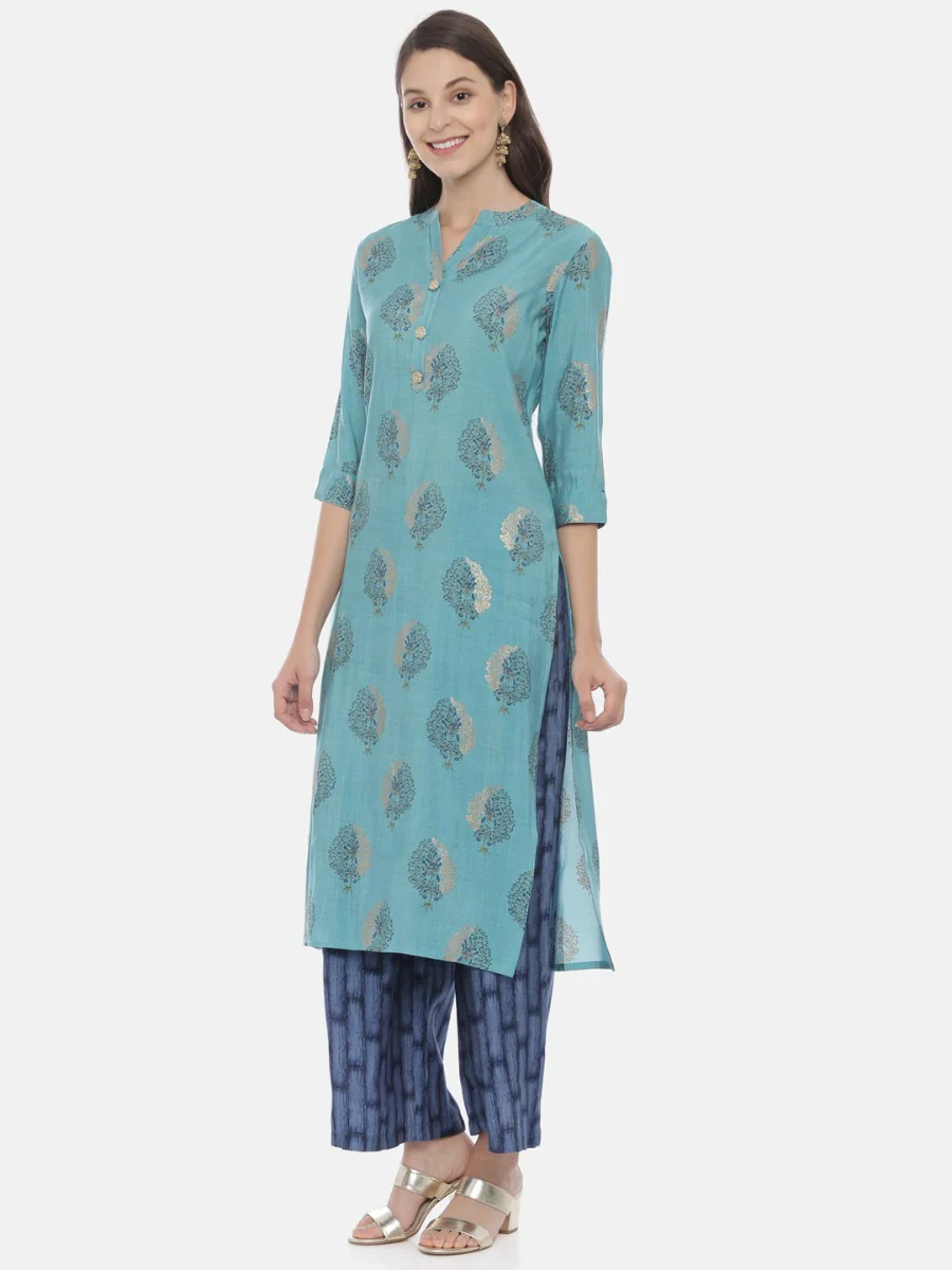 Neerus Blue Printed Kurta & Palazzo Set - Image 3