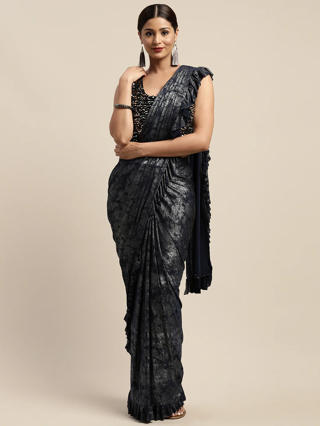 Neerus Blue Printed Ready To Wear Saree With Blouse - Image 2