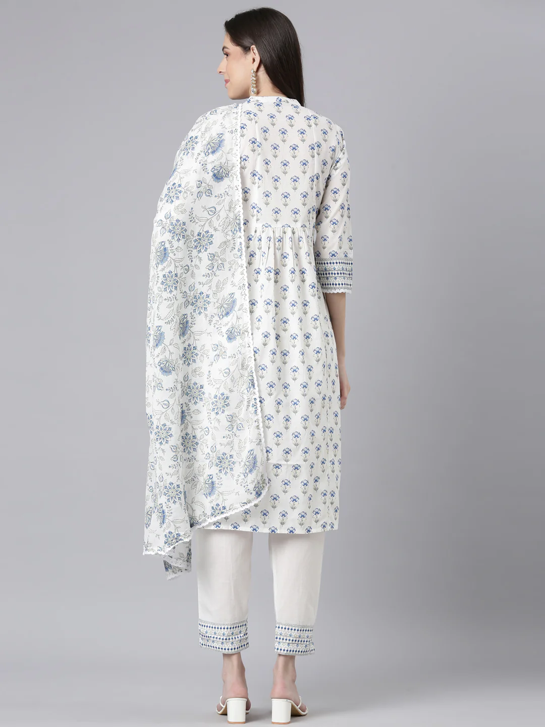 Neerus Blue Printed Straight Kurta and Trousers With Dupatta - Image 3