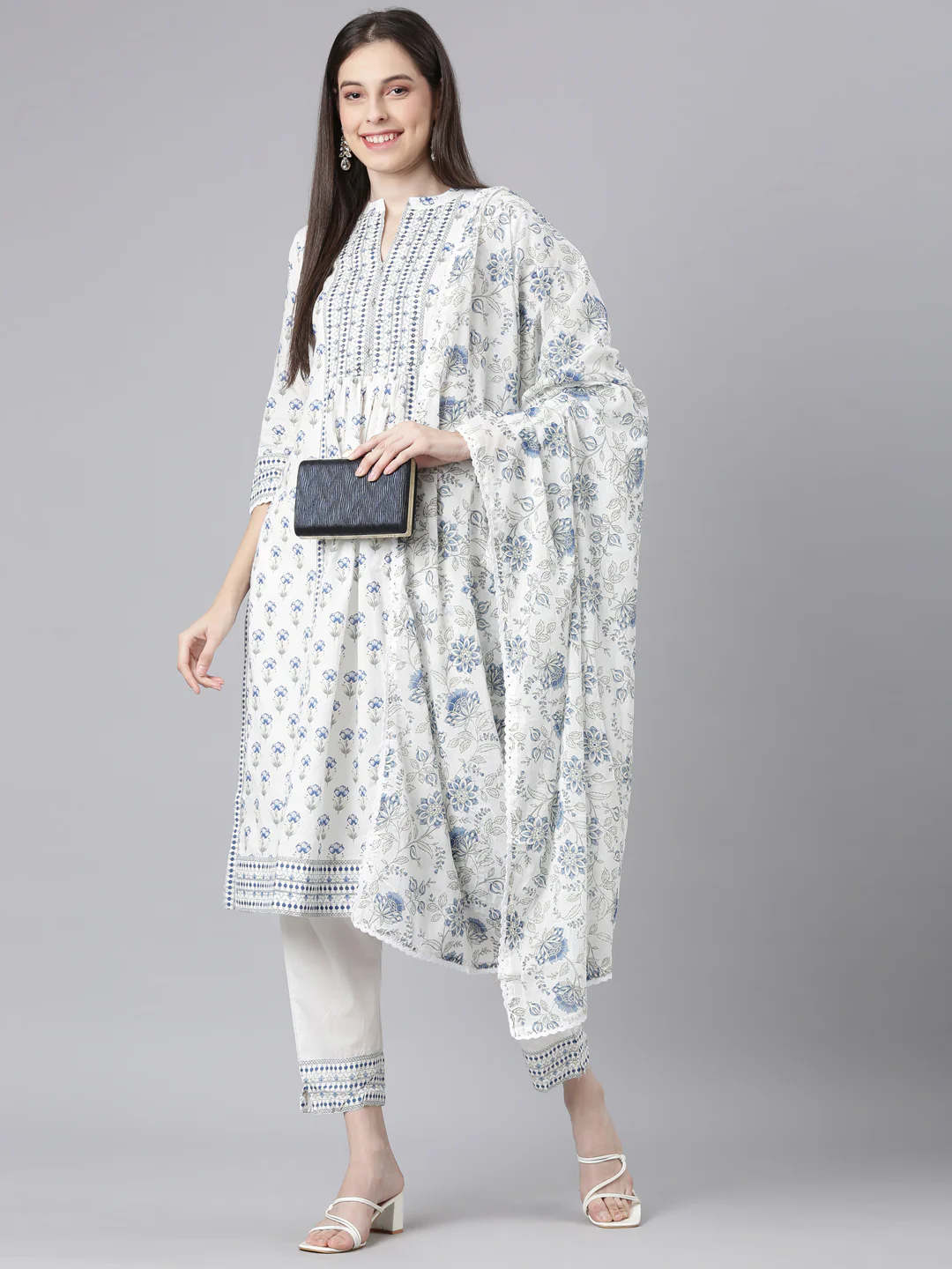 Neerus Blue Printed Straight Kurta and Trousers With Dupatta - Image 5