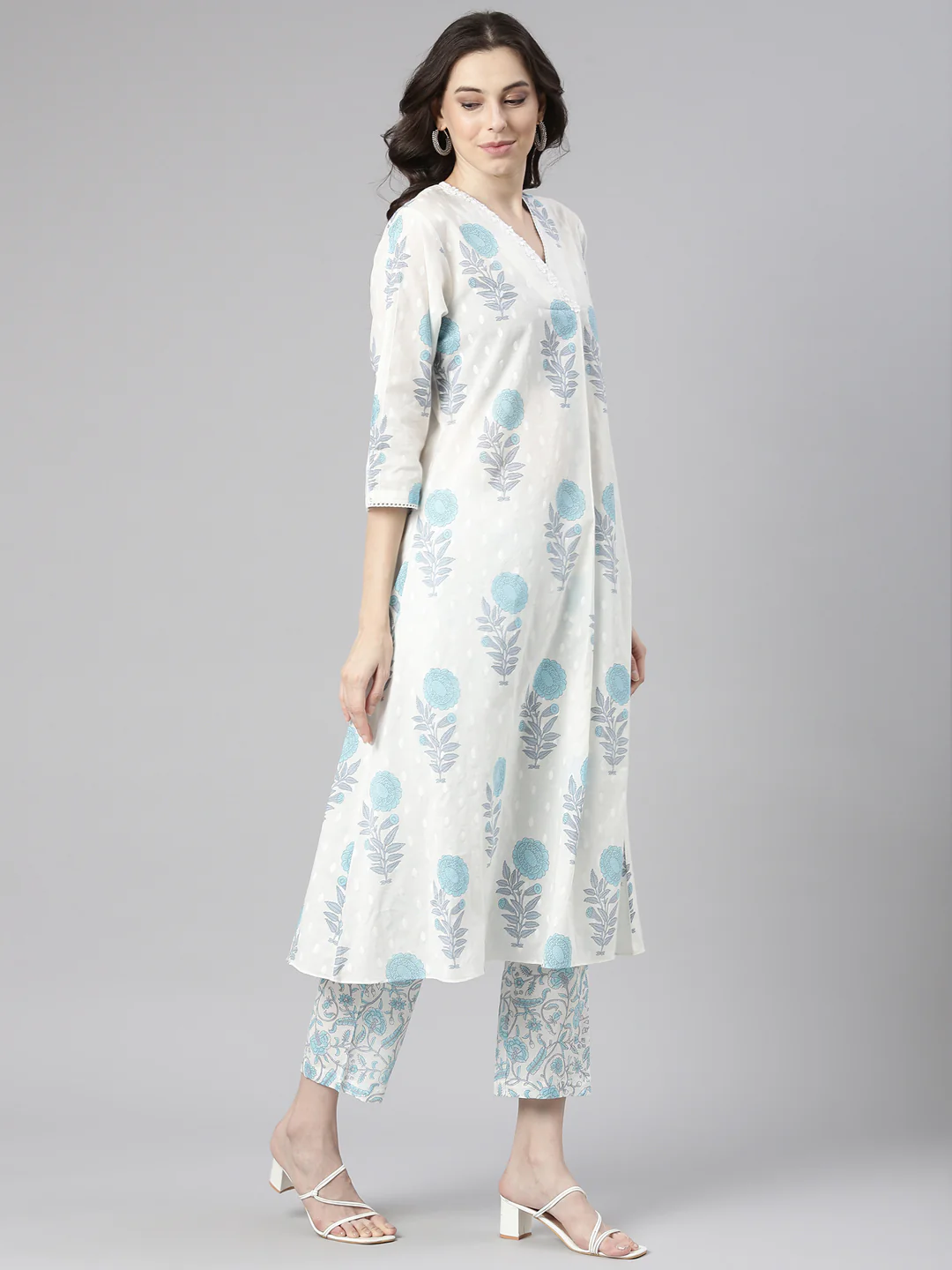 Neerus Blue Printed Straight Kurta and Trousers With Dupatta - Image 3